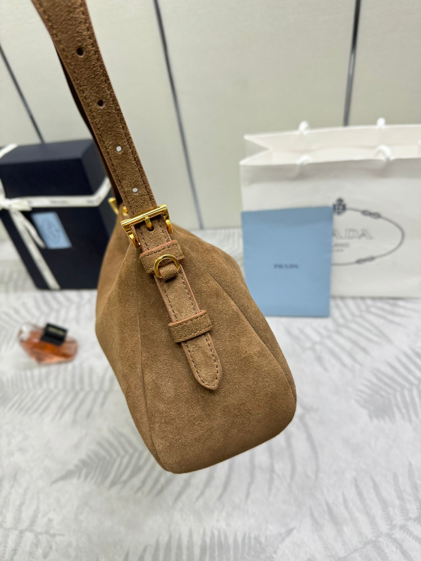 PRADA 25S AIMEE MEDIUM SHOULDER BAG 31 IN BROWN SUEDE