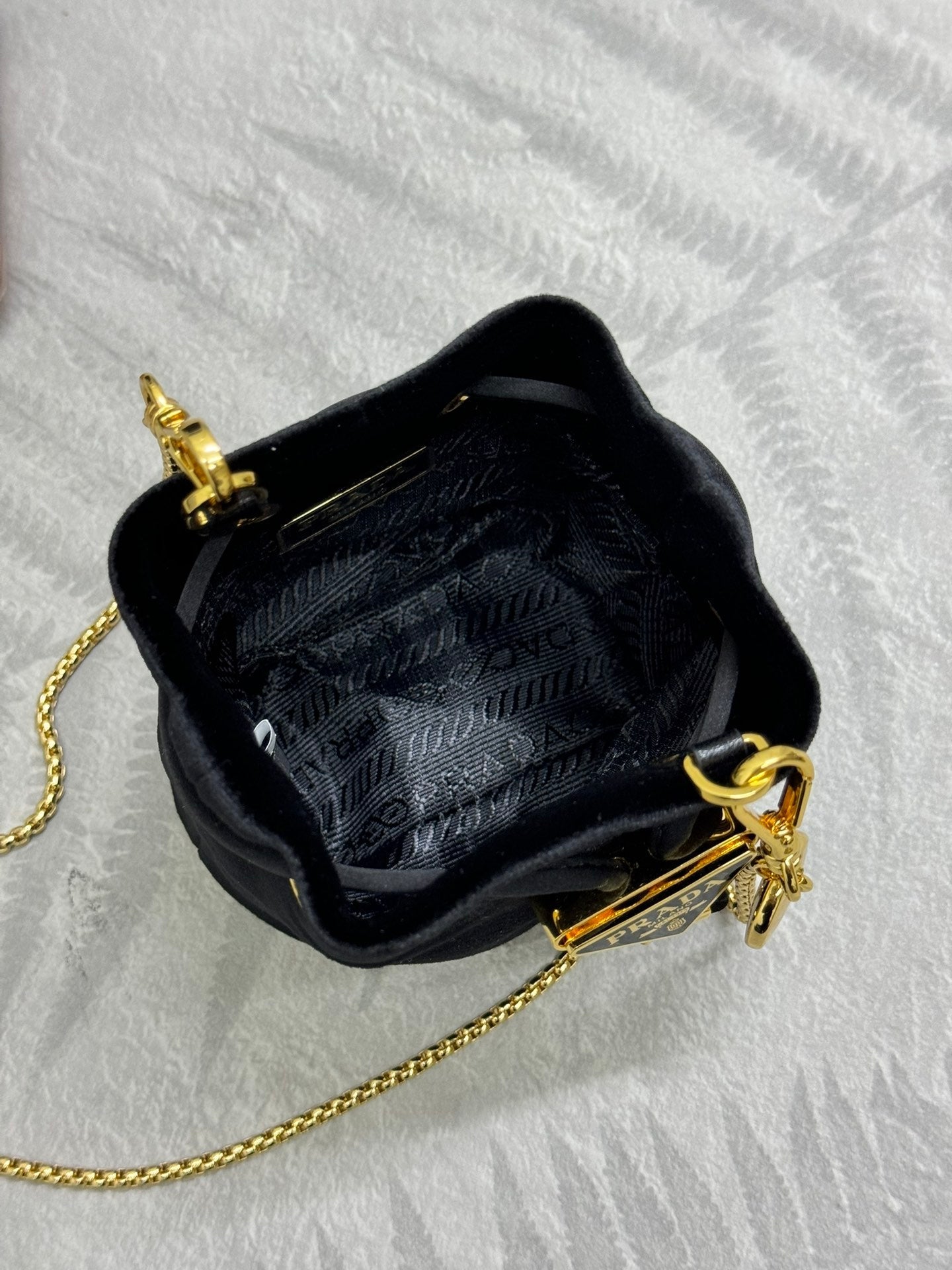PRADA 25S MINI POUCH 12 IN BLACK VELVET GOLD HARDWRE