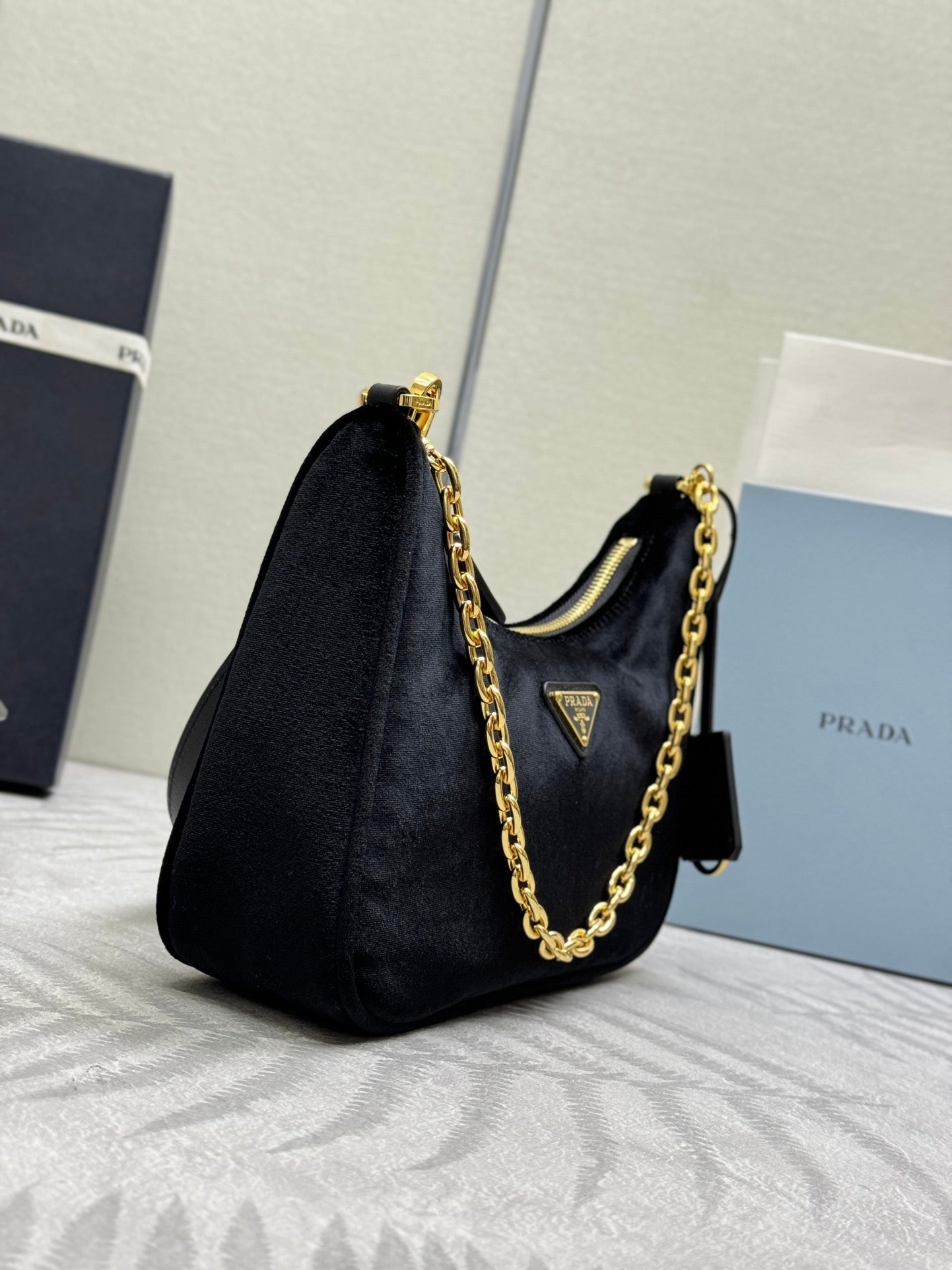 PRADA 25S MINI HOBO BAG 23 IN BLACK VELVET GOLD HARDWRE