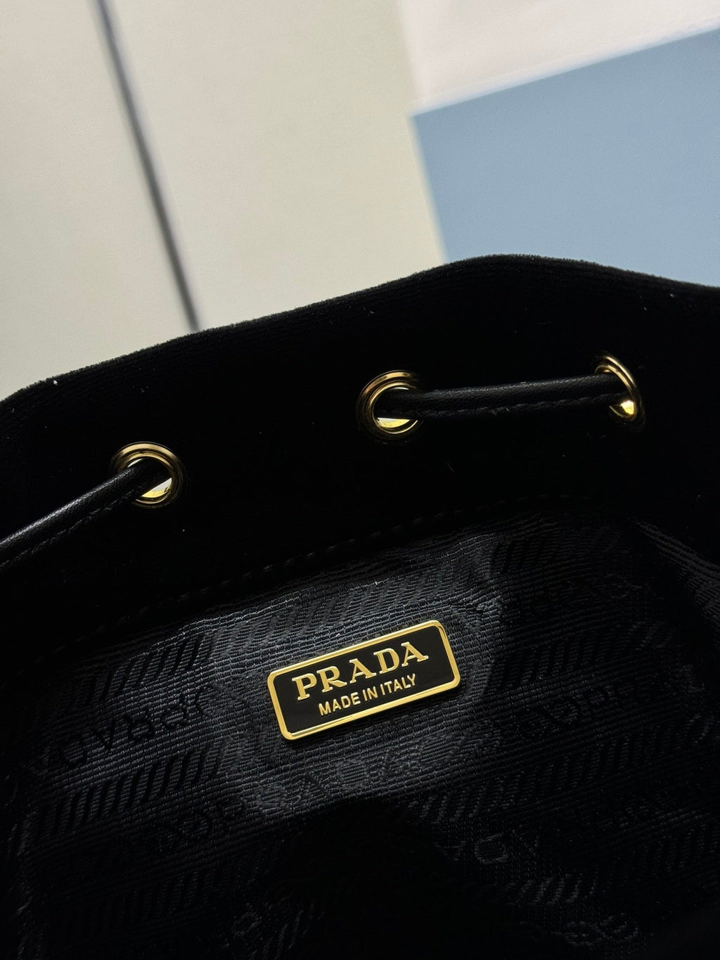 PRADA 25S BUCKET BAG 19 IN BLACK VELVET GOLD HARDWRE