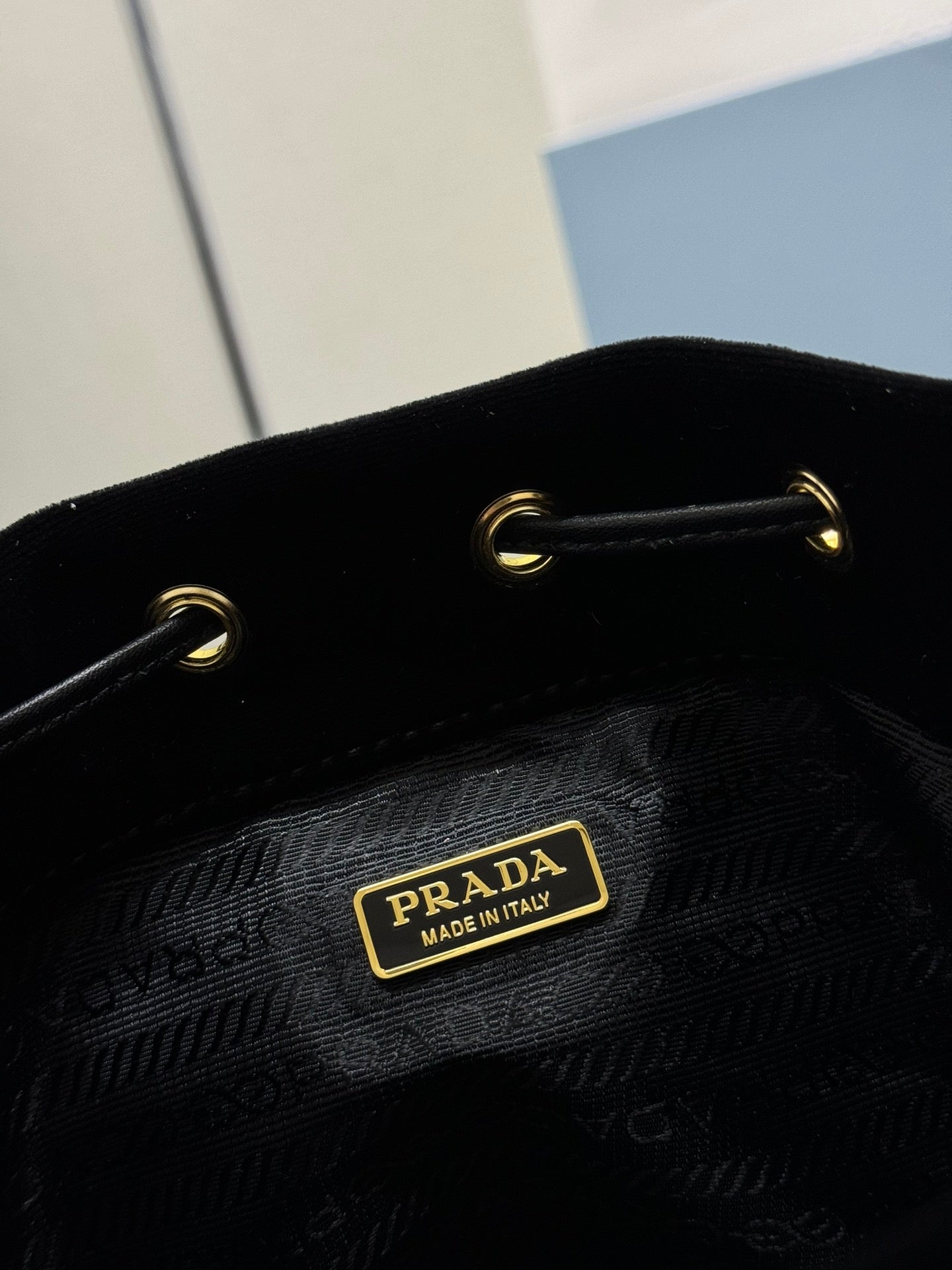 PRADA 25S BUCKET BAG 19 IN BLACK VELVET GOLD HARDWARE