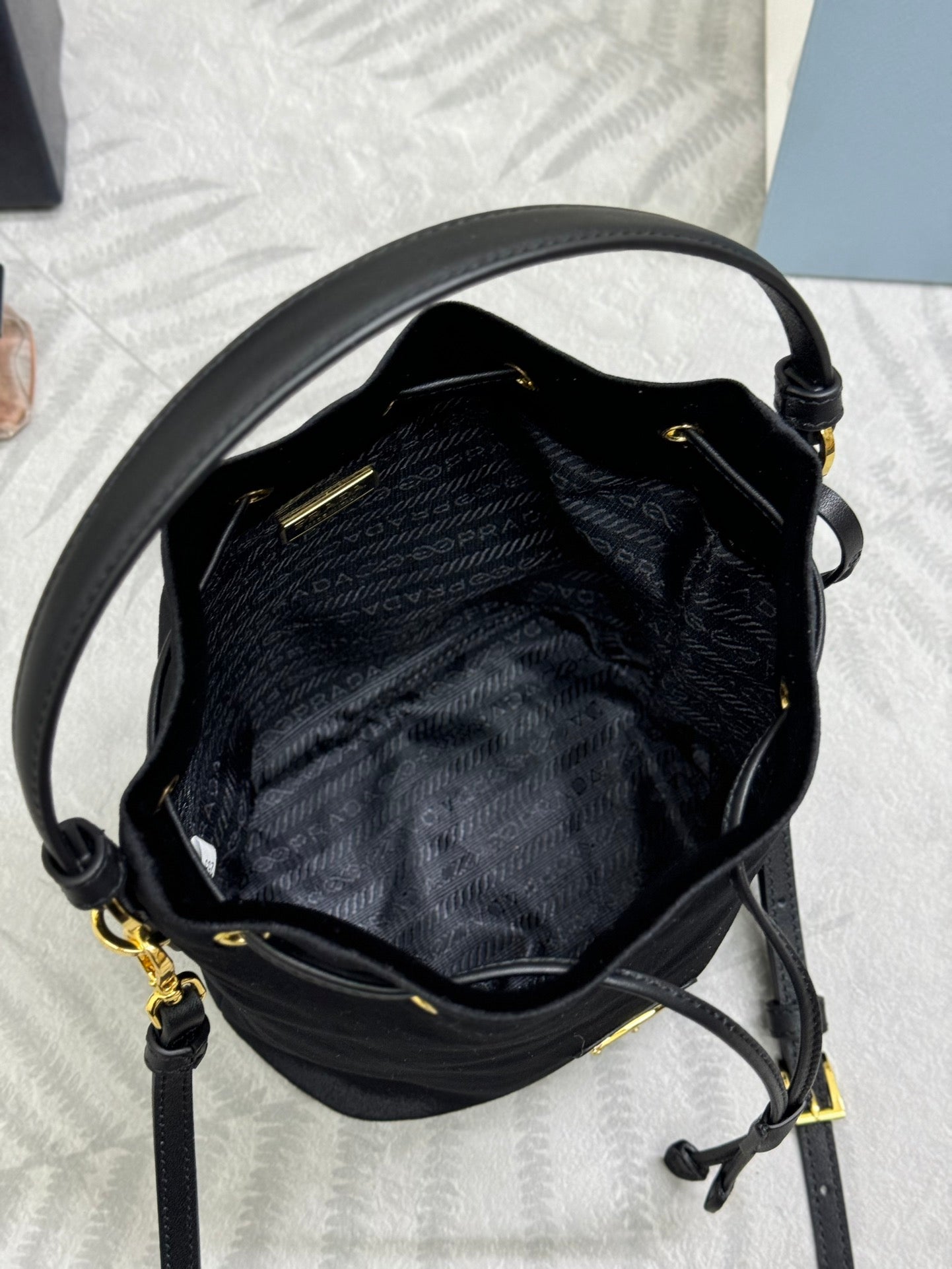 PRADA 25S BUCKET BAG 19 IN BLACK VELVET GOLD HARDWRE