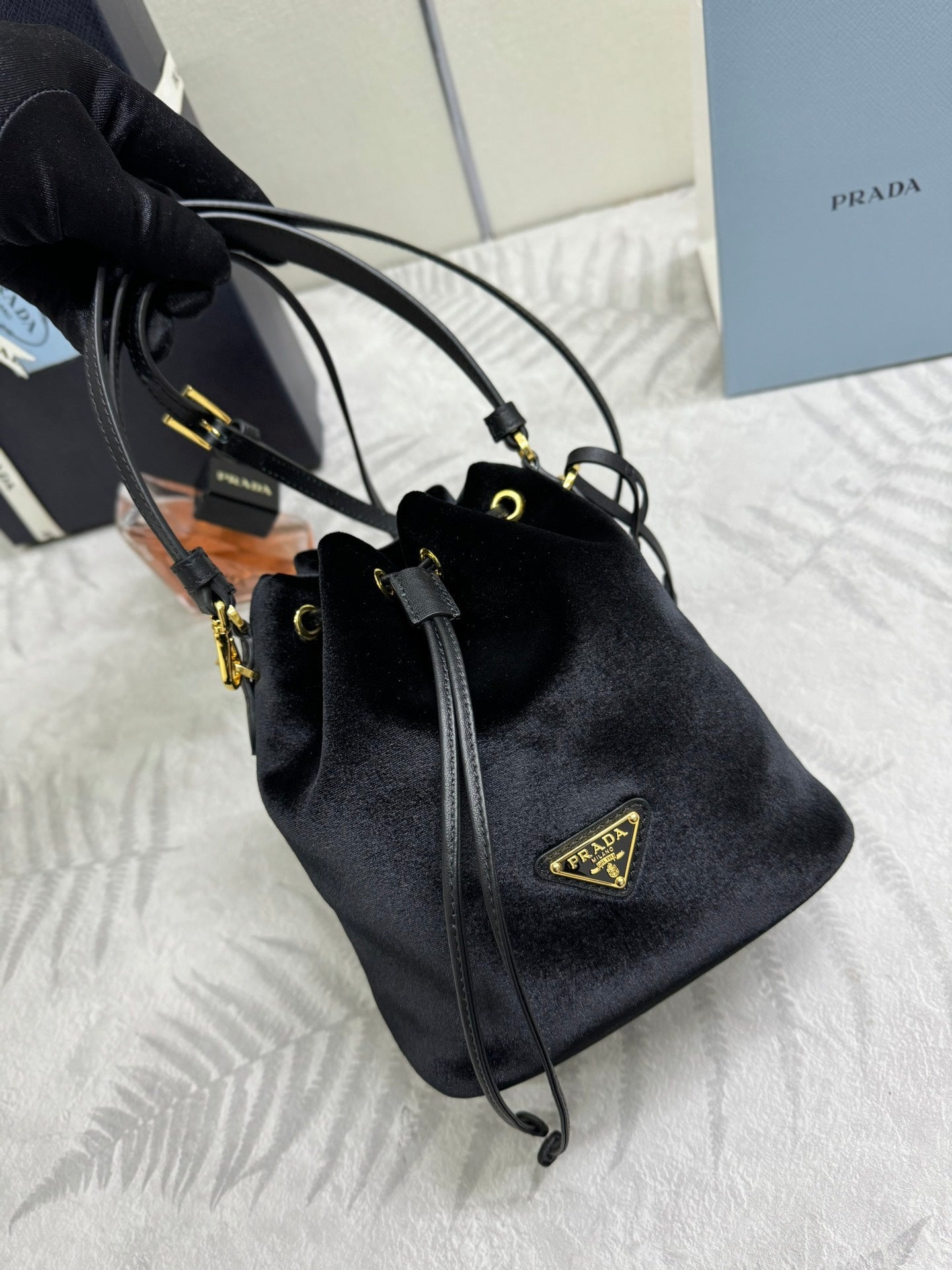 PRADA 25S BUCKET BAG 19 IN BLACK VELVET GOLD HARDWRE
