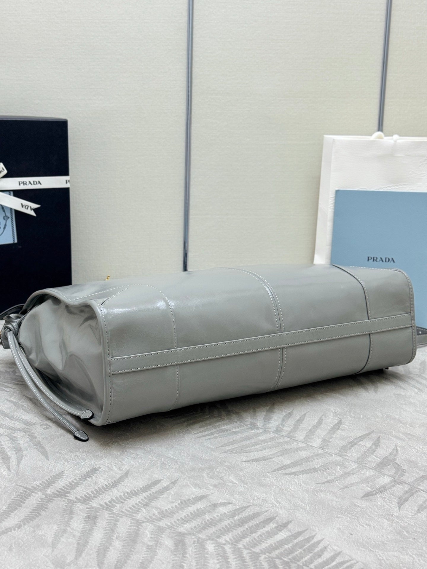 PRADA 25S LUX SOFT BAG 42 IN GRAY GLOSSY CALFSKIN GOLD HARDWARE