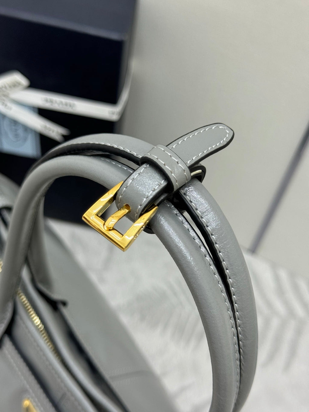 PRADA 25S LUX SOFT BAG 42 IN GRAY GLOSSY CALFSKIN GOLD HARDWARE