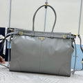 PRADA 25S LUX SOFT BAG 42 IN GRAY GLOSSY CALFSKIN GOLD HARDWRE
