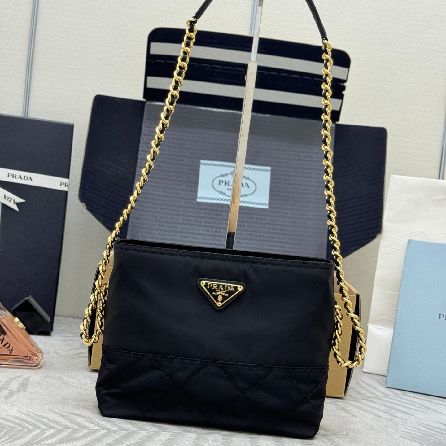 PRADA 25S CROSSBODY BAG 21 IN BLACK NYLON GOLD HARDWARE