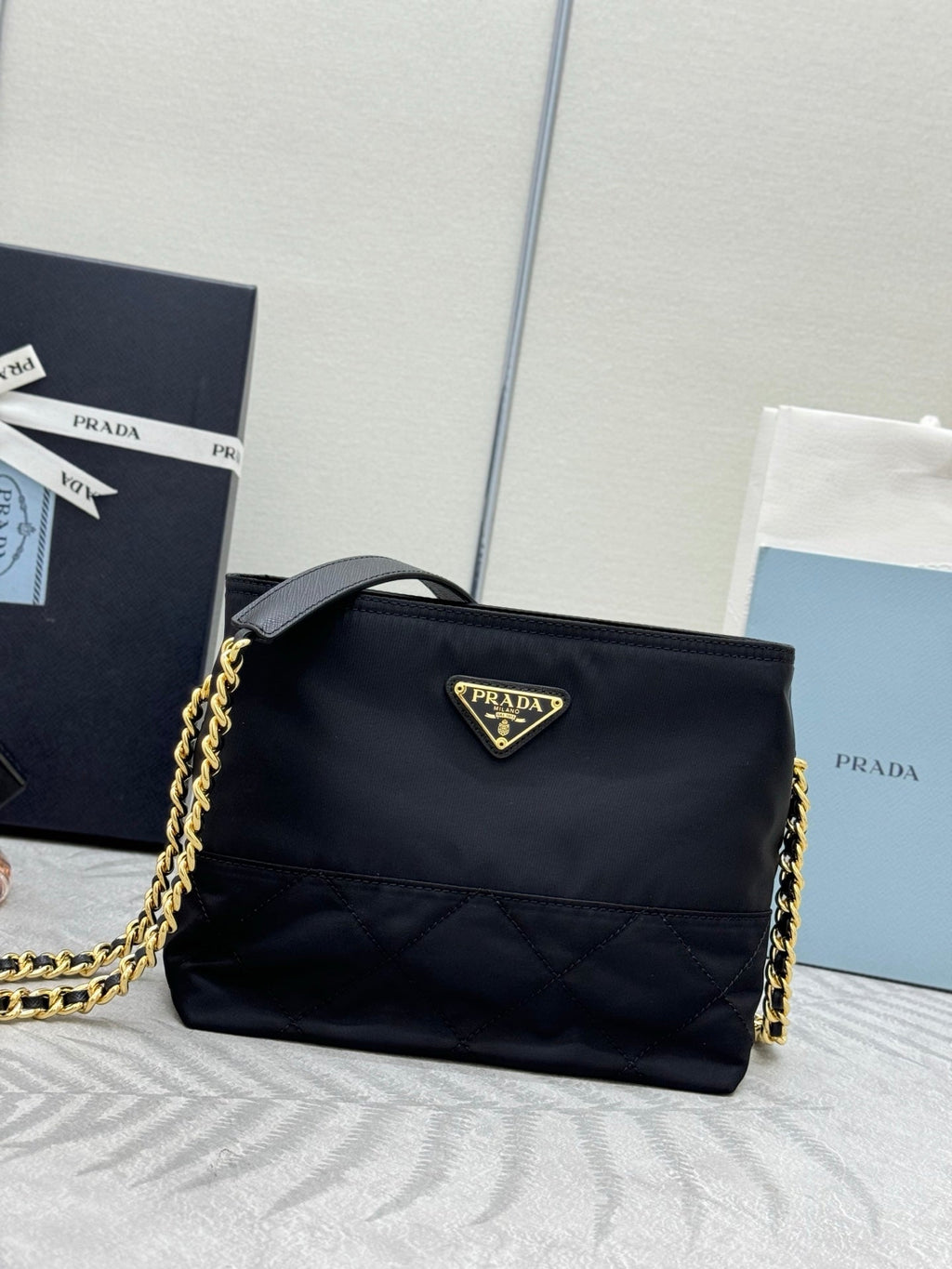 PRADA 25S CROSSBODY BAG 21 IN BLACK NYLON GOLD HARDWRE