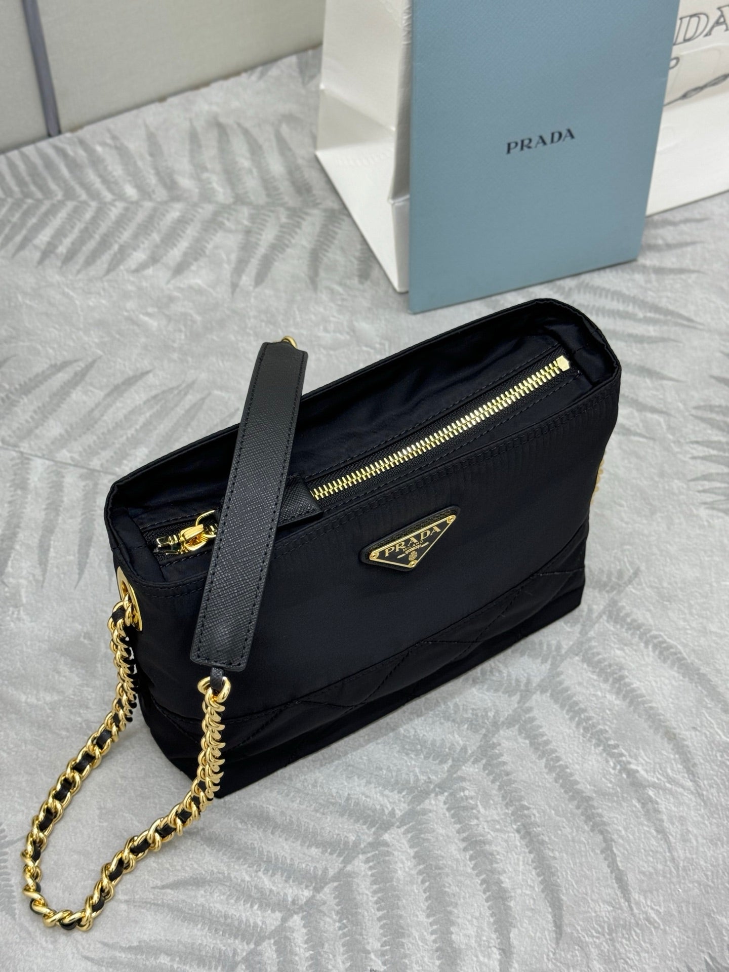 PRADA 25S CROSSBODY BAG 21 IN BLACK NYLON GOLD HARDWRE