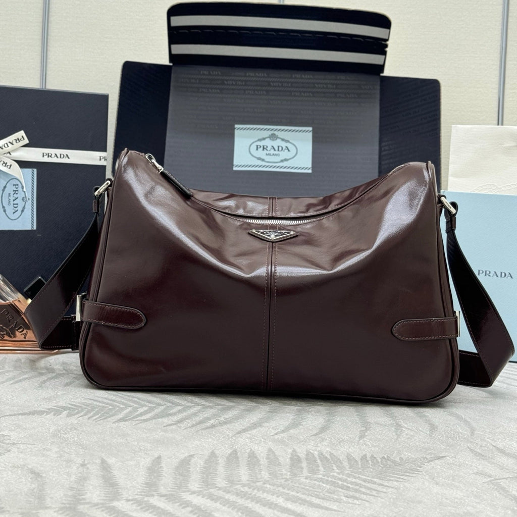 PRADA 25S SHOULDER BAG 35 IN DARK BROWN CALFSKIN SILVER HARDWARE