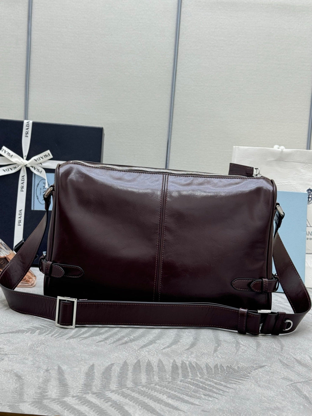 PRADA 25S SHOULDER BAG 35 IN DARK BROWN CALFSKIN SILVER HARDWRE