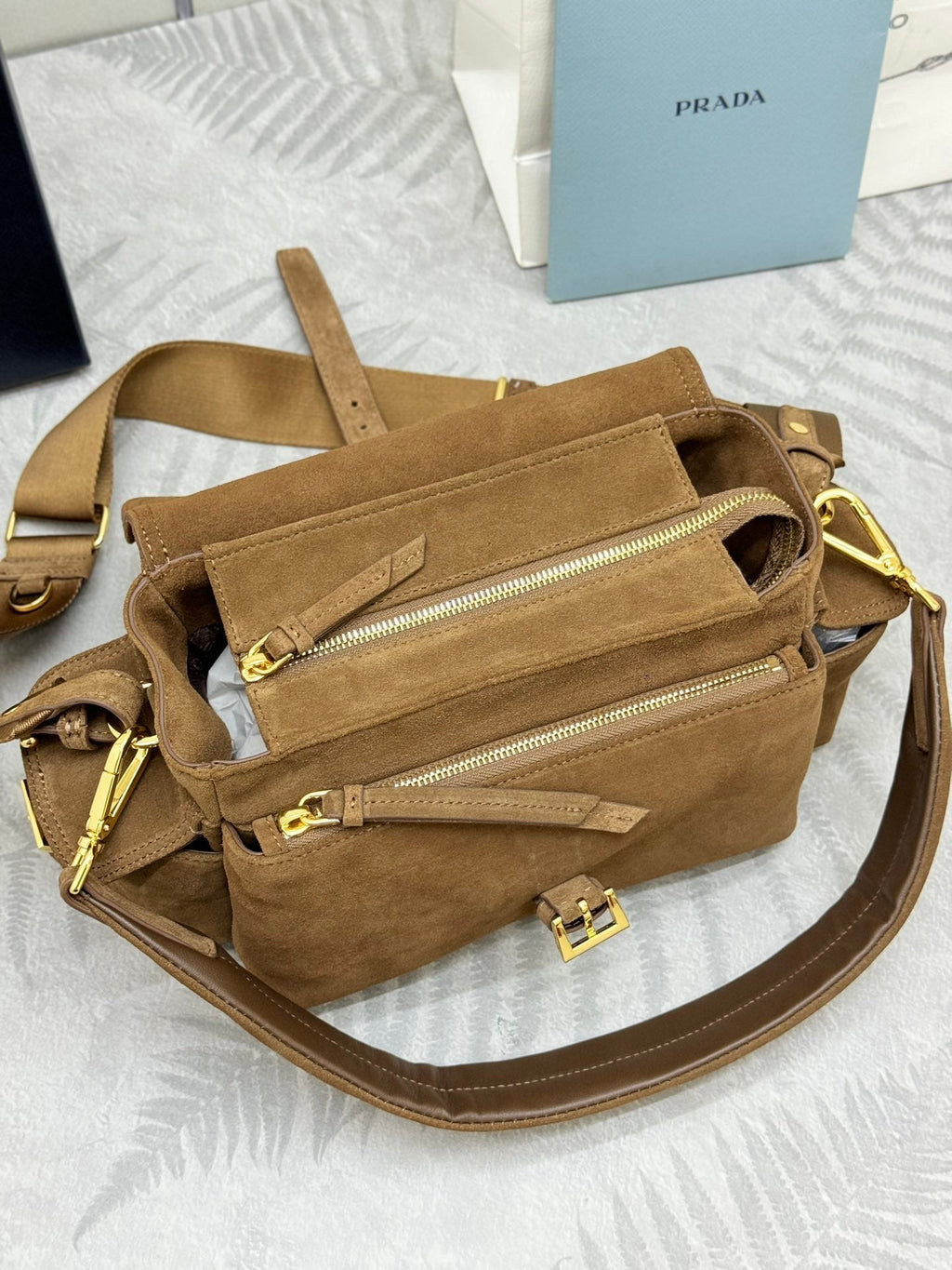 PRADA 25S EXPLORE MEDIUM SHOULDER BAG 30 IN CINNAMON SUEDE WITH FLAP