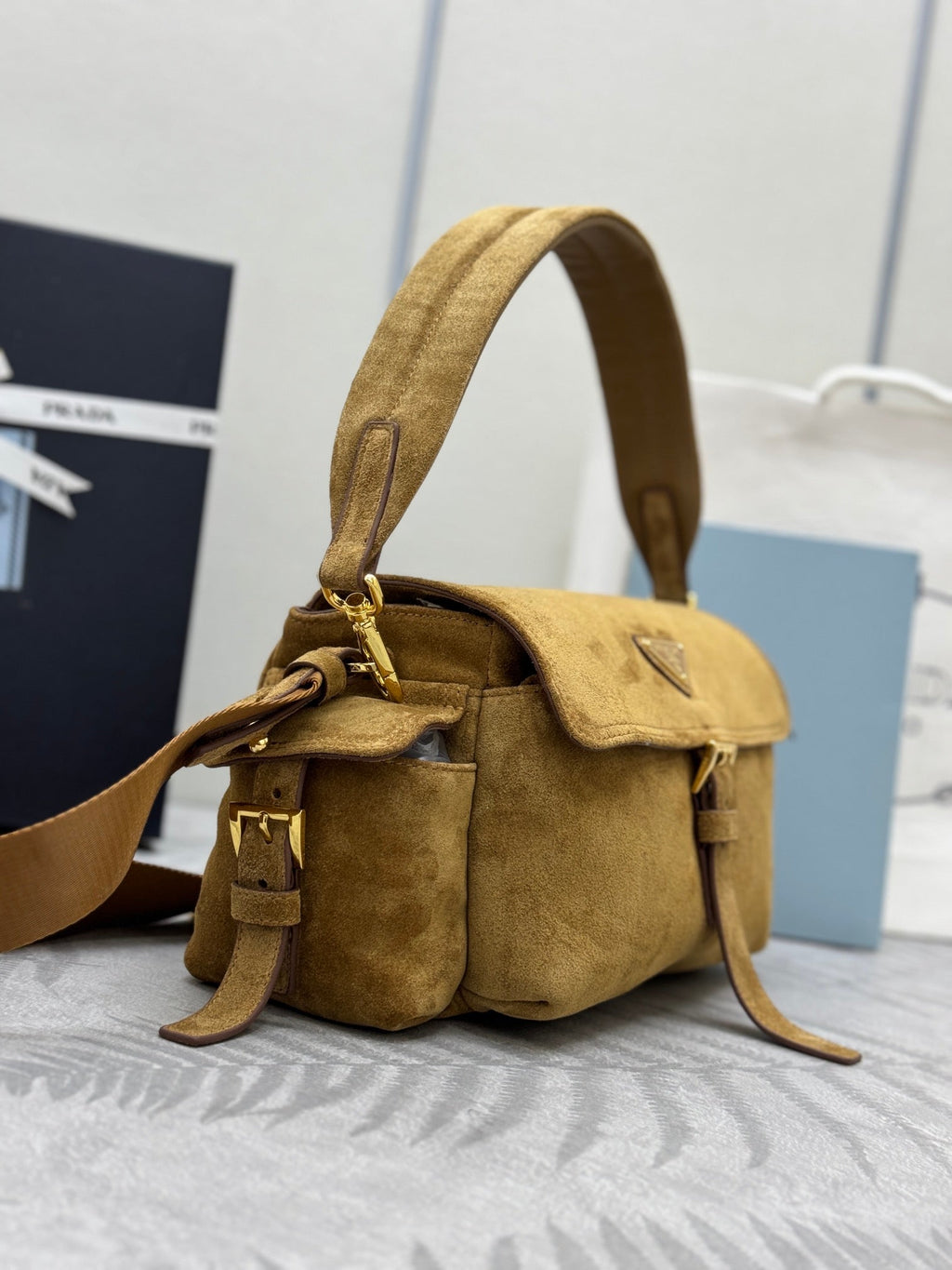 PRADA 25S EXPLORE MEDIUM SHOULDER BAG 30 IN DARK GOLDEN BROWN SUEDE WITH FLAP