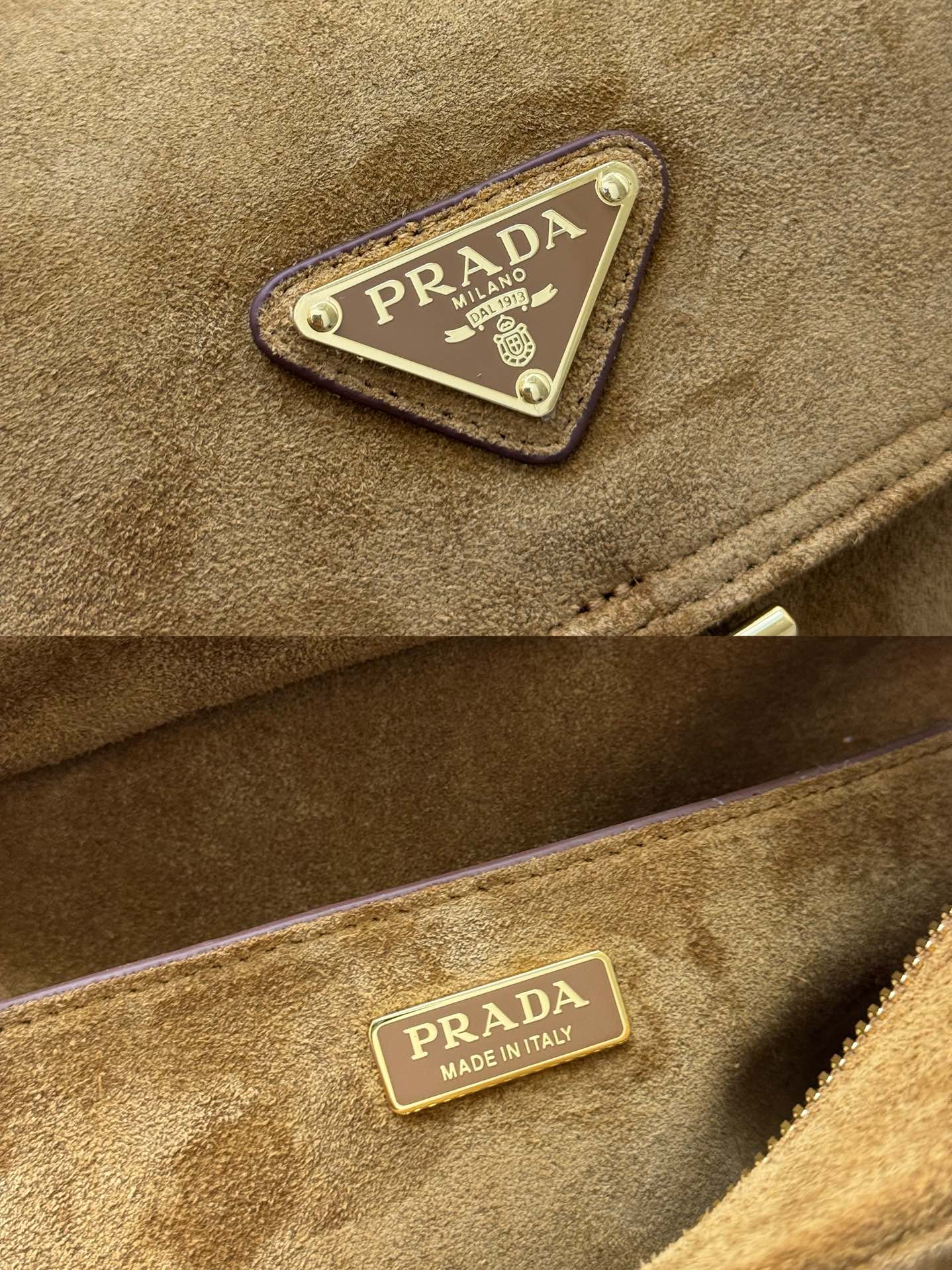 PRADA 25S EXPLORE MEDIUM SHOULDER BAG 30 IN DARK GOLDEN BROWN SUEDE WITH FLAP