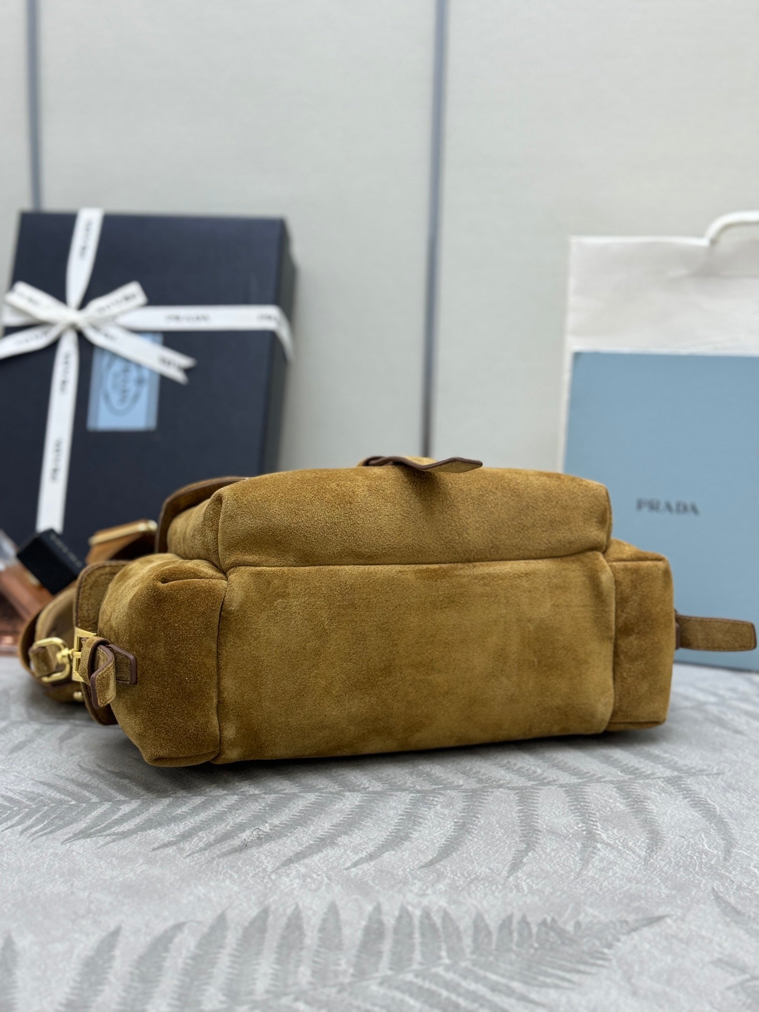 PRADA 25S EXPLORE MEDIUM SHOULDER BAG 30 IN DARK GOLDEN BROWN SUEDE WITH FLAP