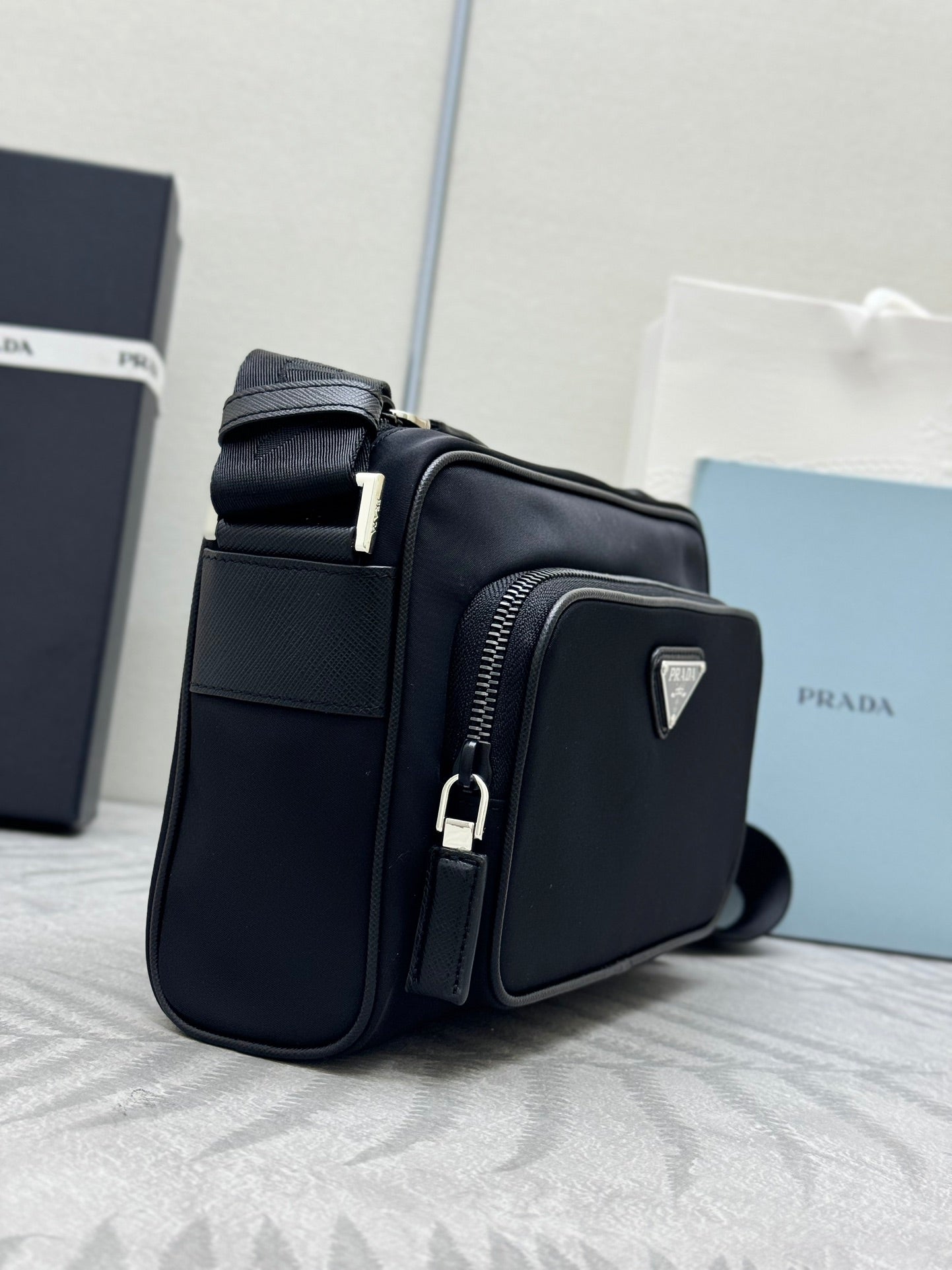 PRADA 25S SHOULDER BAG 24 IN BLACK RE-NYLON SILVER HARDWARE