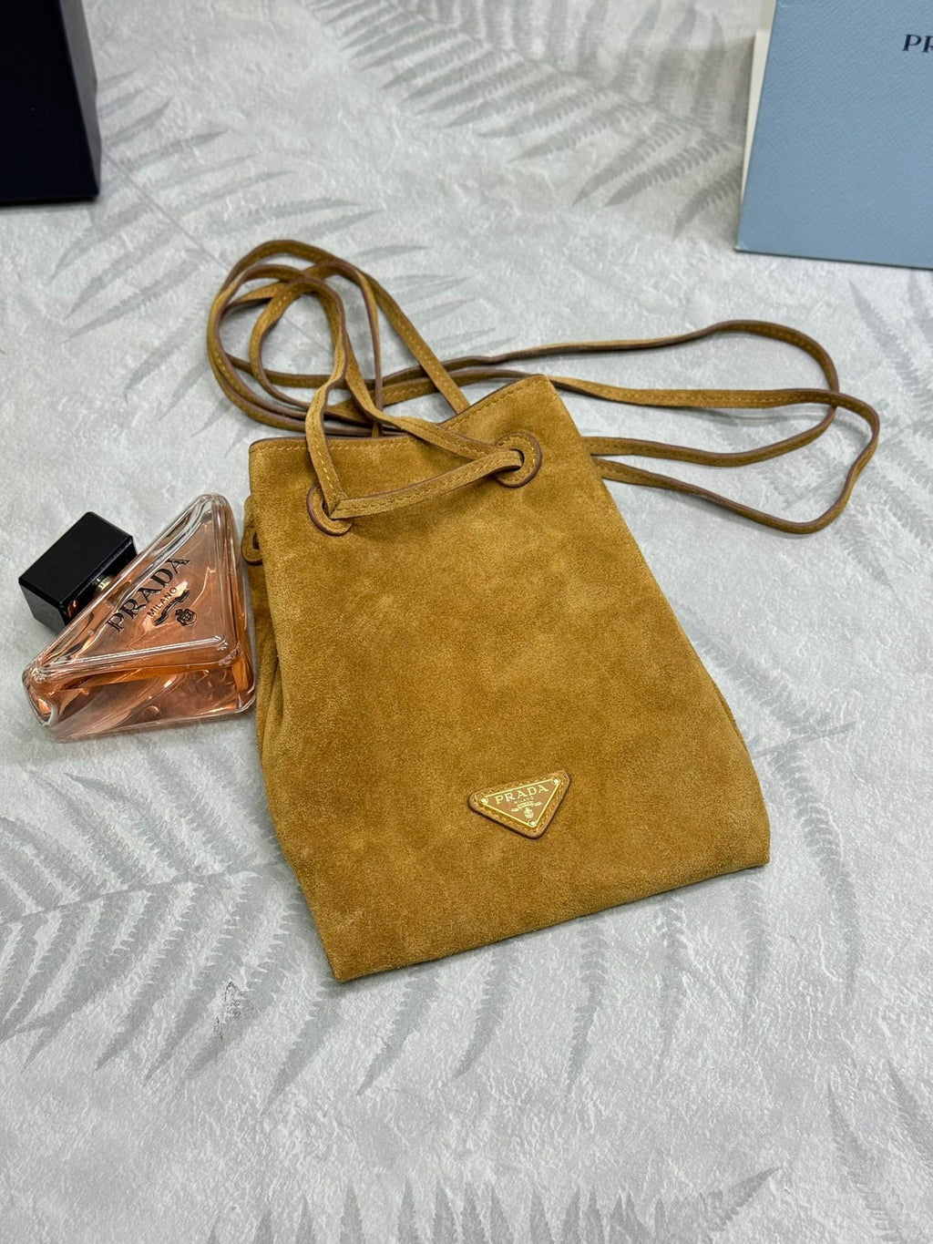 PRADA 25S BUCKET BAG 20 IN LIGHT CARAMEL SUEDE GOLD HARDWARE