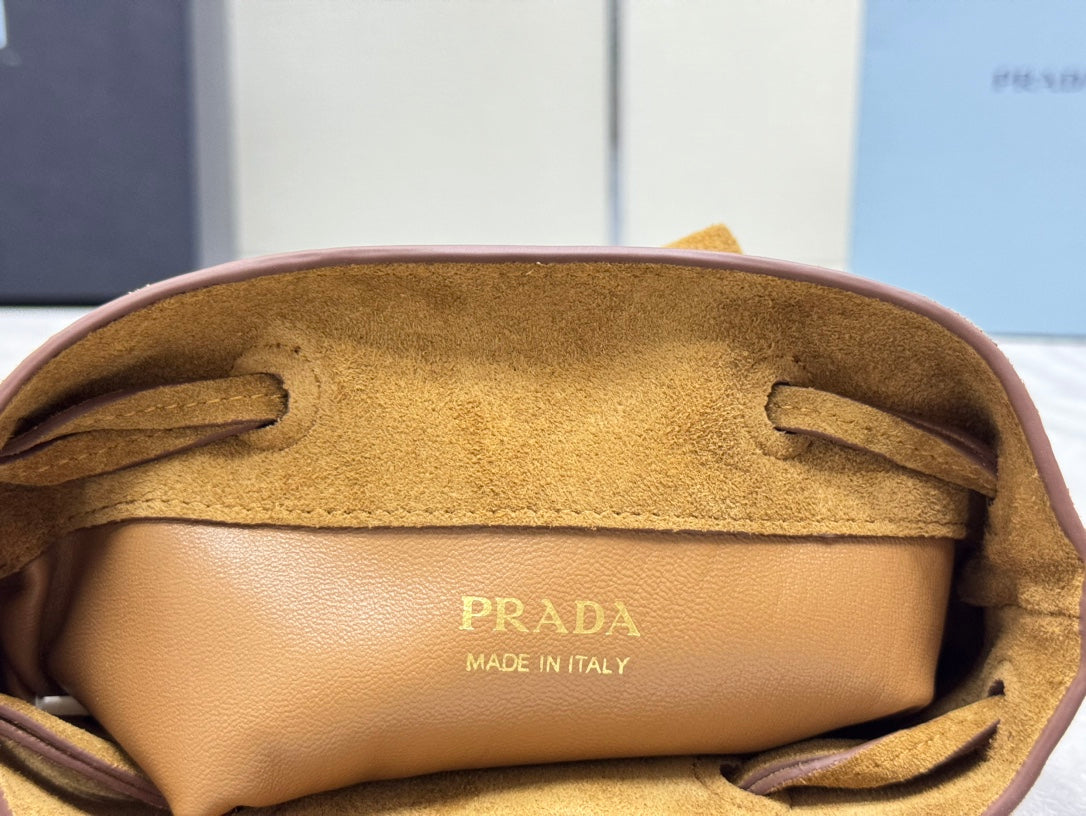 PRADA 25S BUCKET BAG 20 IN LIGHT CARAMEL SUEDE GOLD HARDWARE