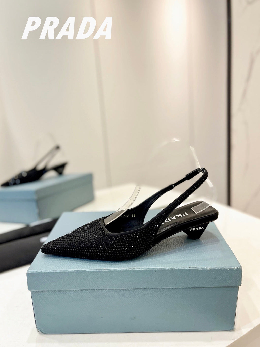 PRA SLINGBACK PUMPS BLACK SATIN WITH BLACK CRYSTALS