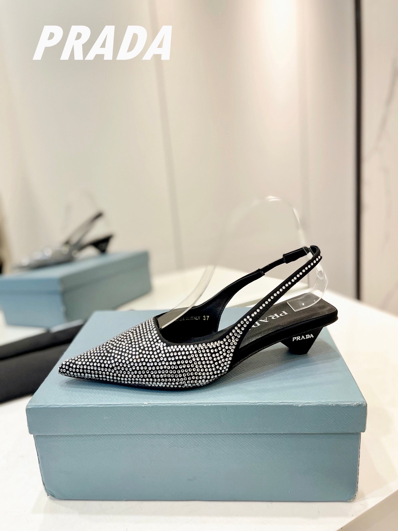 PRA SLINGBACK PUMPS BLACK SATIN WITH WHITE CRYSTALS