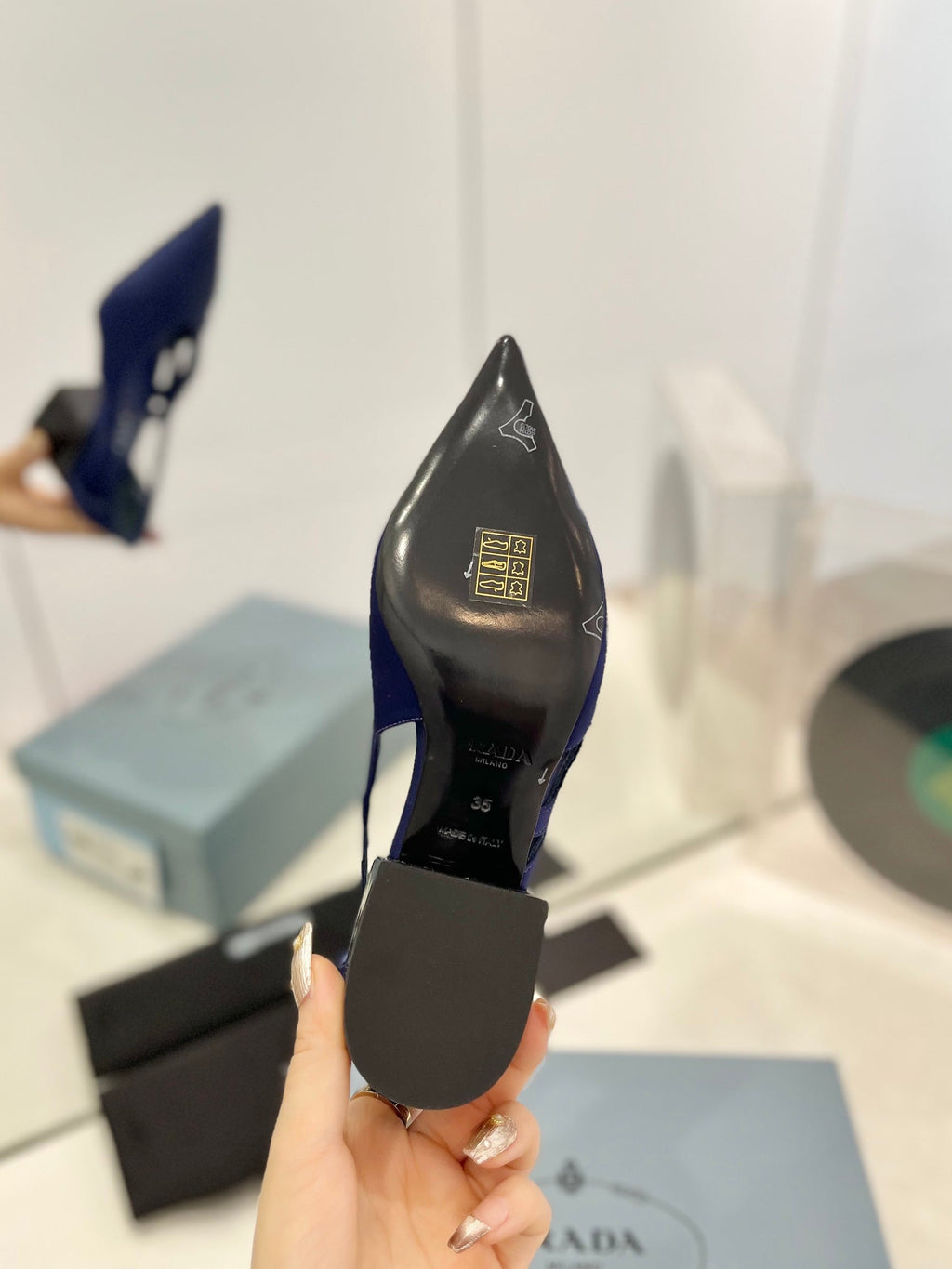 PRA STRAP CUT-OUT PUMPS NAVY SATIN