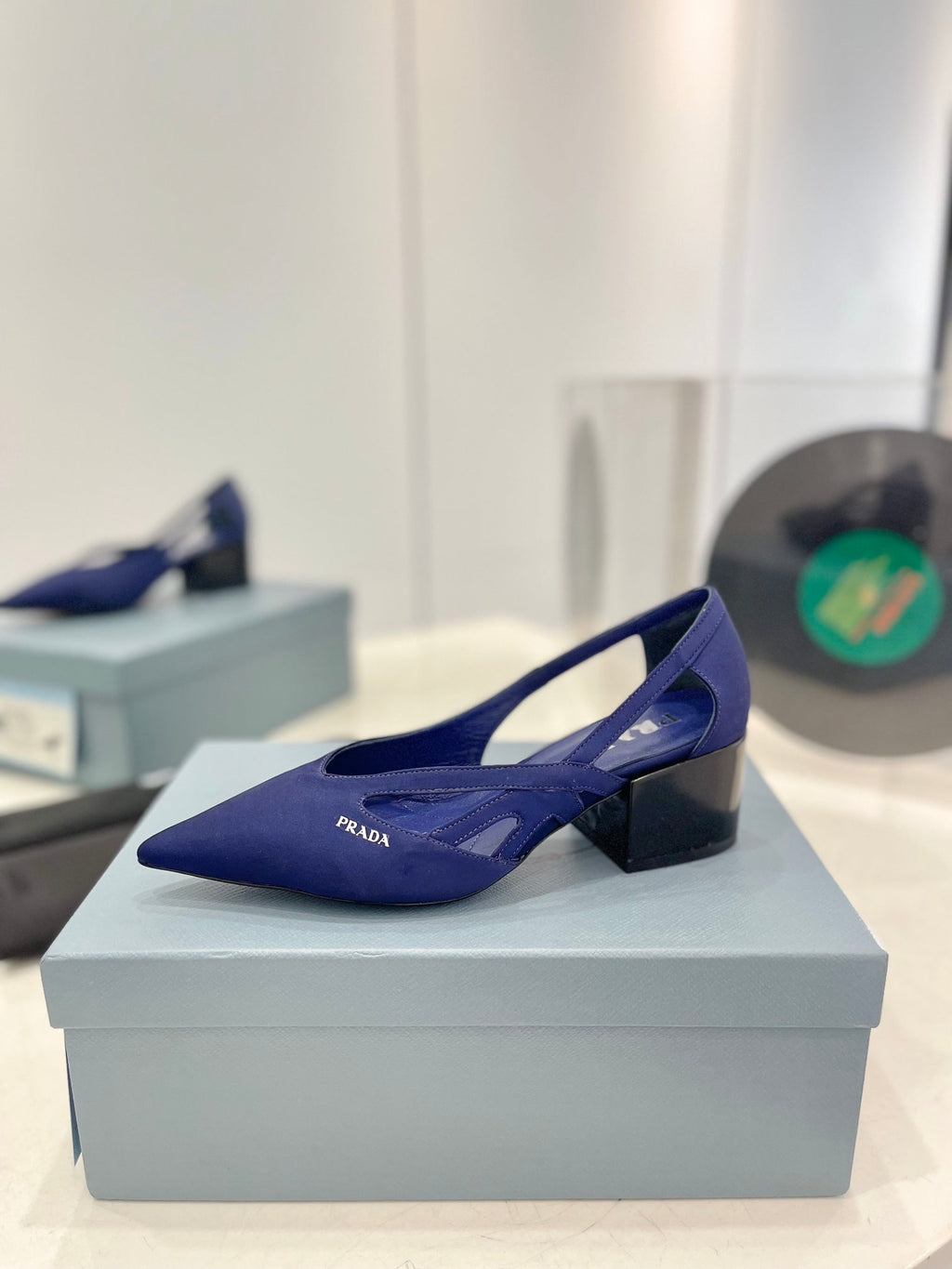 PRA STRAP CUT-OUT PUMPS NAVY SATIN