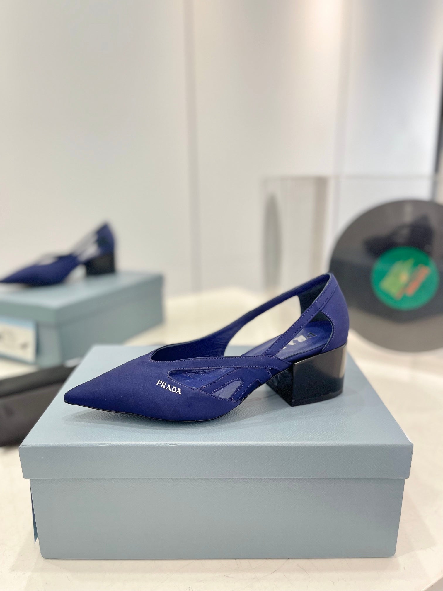 PRA STRAP CUT-OUT PUMPS NAVY SATIN