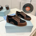 SNEAKERS IN BROWN LAMBSKIN AND BLACK CANVAS