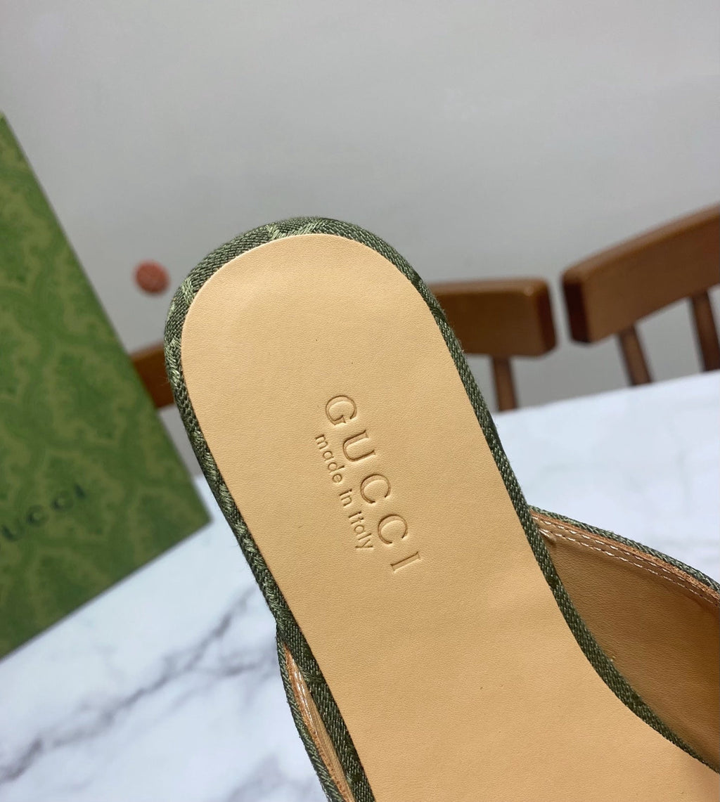 GG MULES IN MOSS GREEN FABRIC GOLD HARD WARE