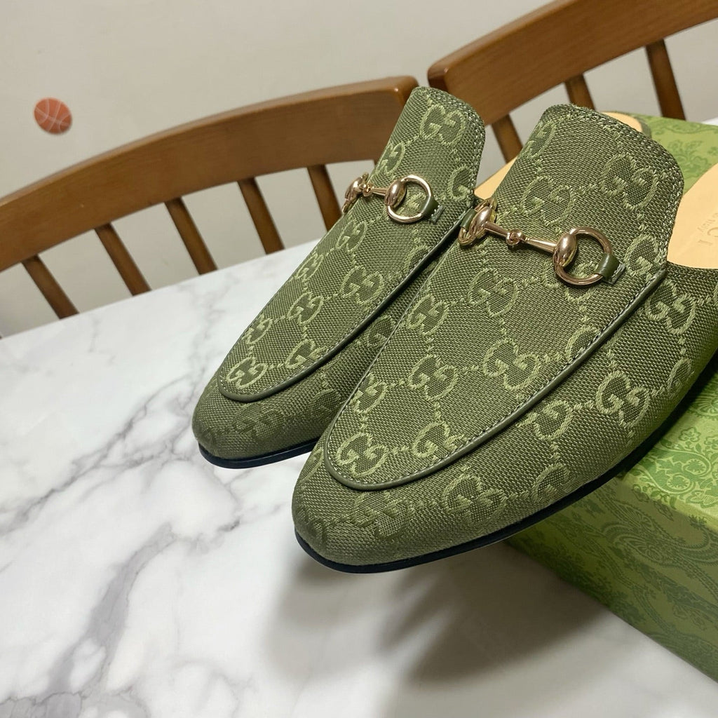GG MULES IN MOSS GREEN FABRIC GOLD HARD WARE
