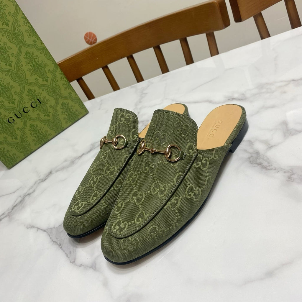 GG MULES IN MOSS GREEN FABRIC GOLD HARD WARE