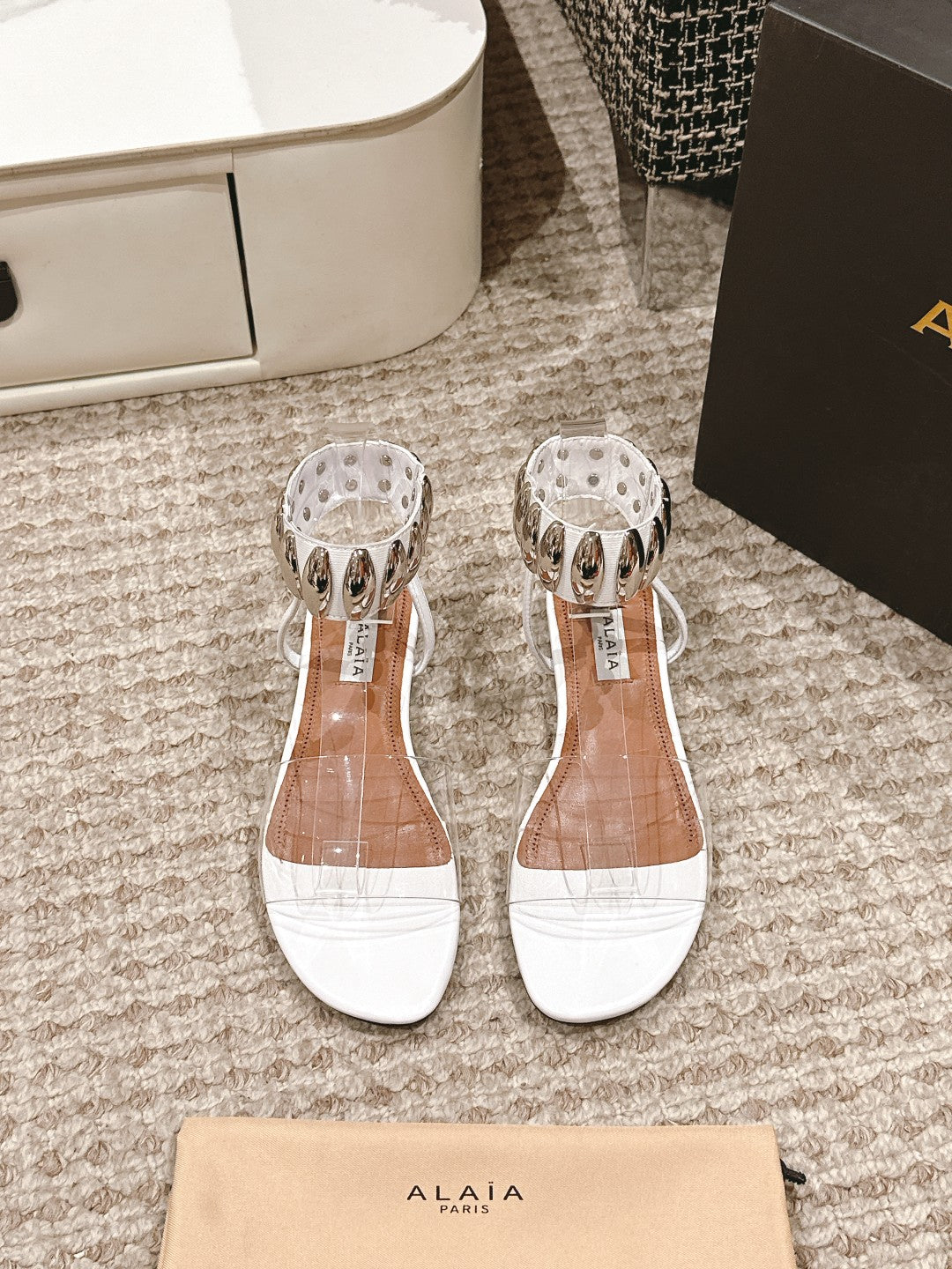 ALAIA SANDAL IN WHITE CALFSKN AND FILM WITH CRYSTAL
