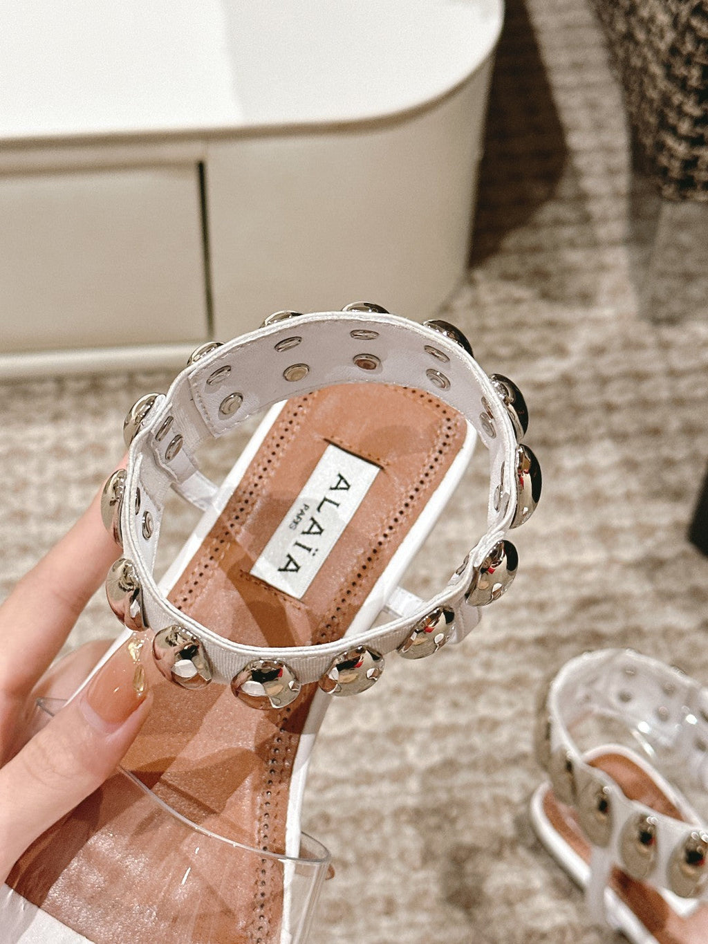 ALAIA SANDAL IN WHITE CALFSKN AND FILM WITH CRYSTAL