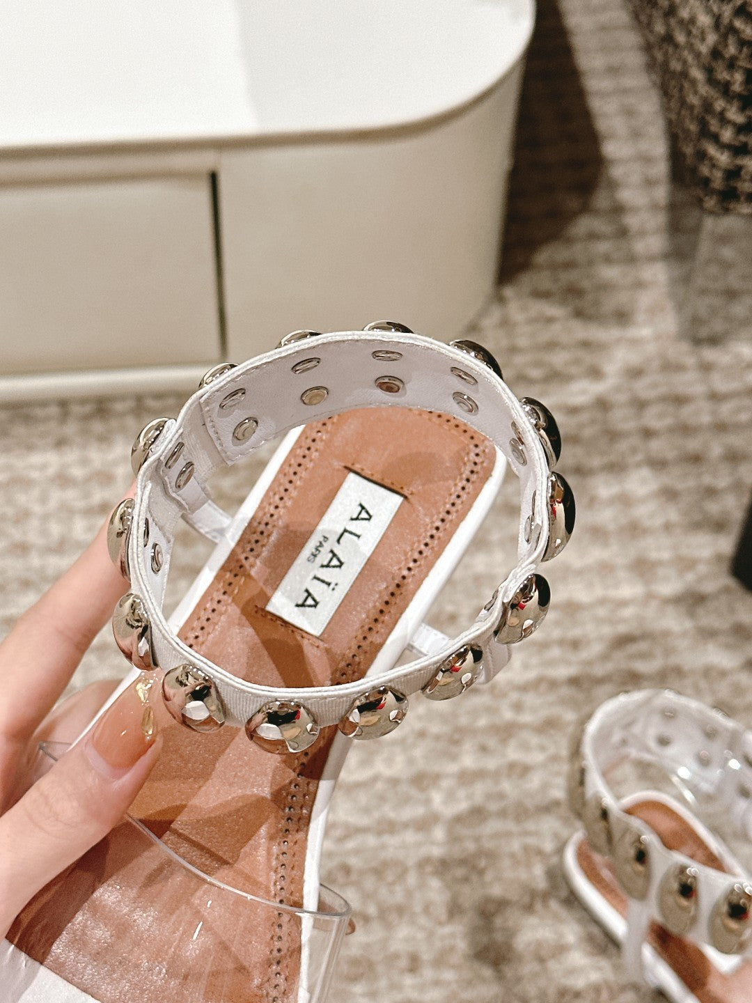 ALAIA SANDAL IN WHITE CALFSKN AND FILM WITH CRYSTAL