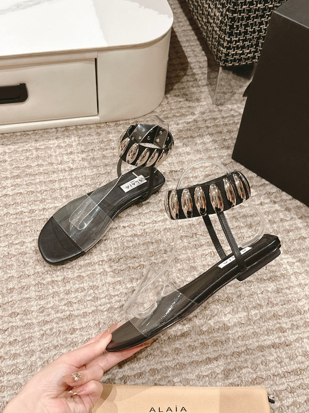 ALAIA SANDAL IN BLACK CALFSKN AND FILM WITH CRYSTAL