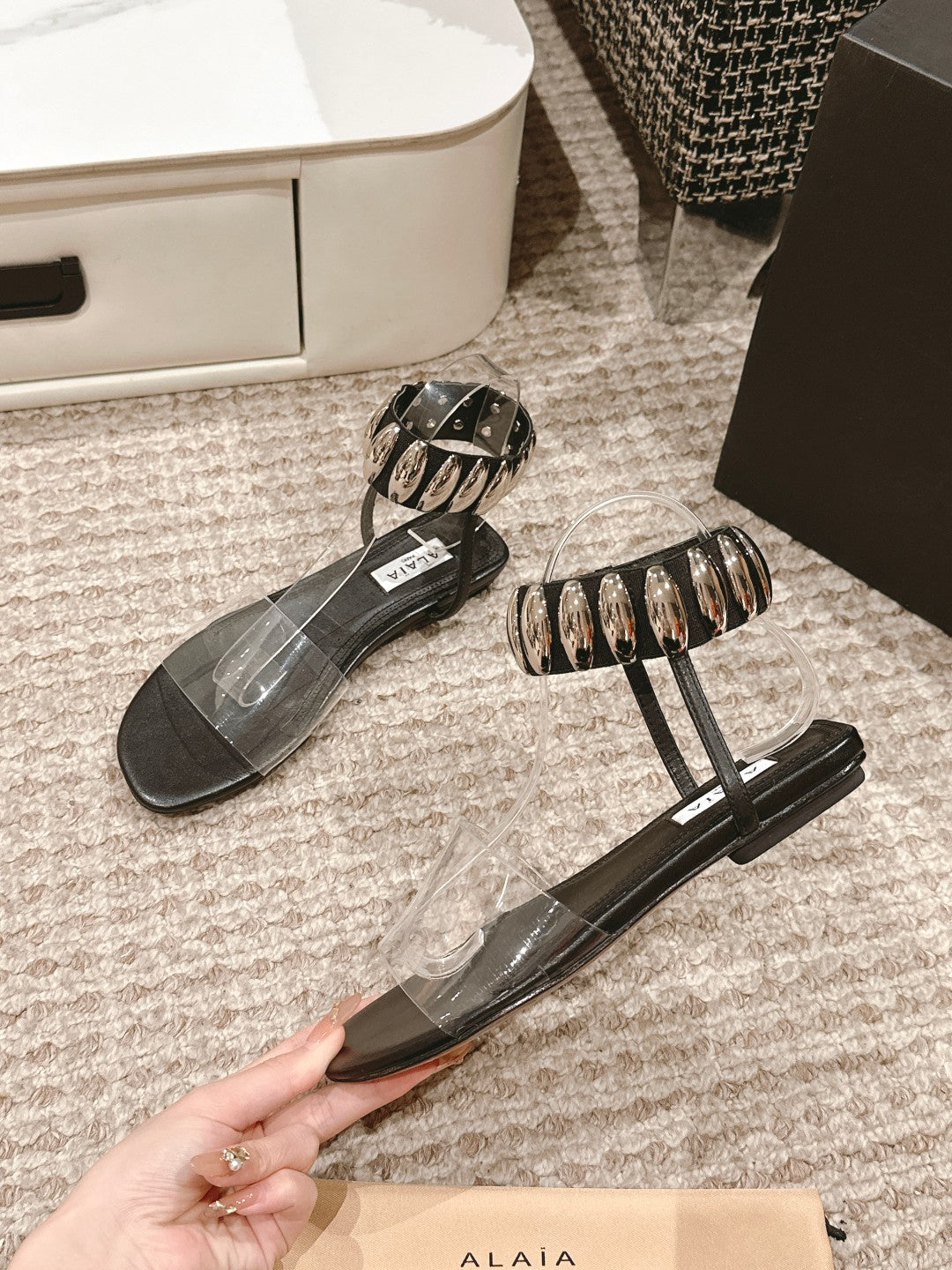 ALAIA SANDAL IN BLACK CALFSKN AND FILM WITH CRYSTAL