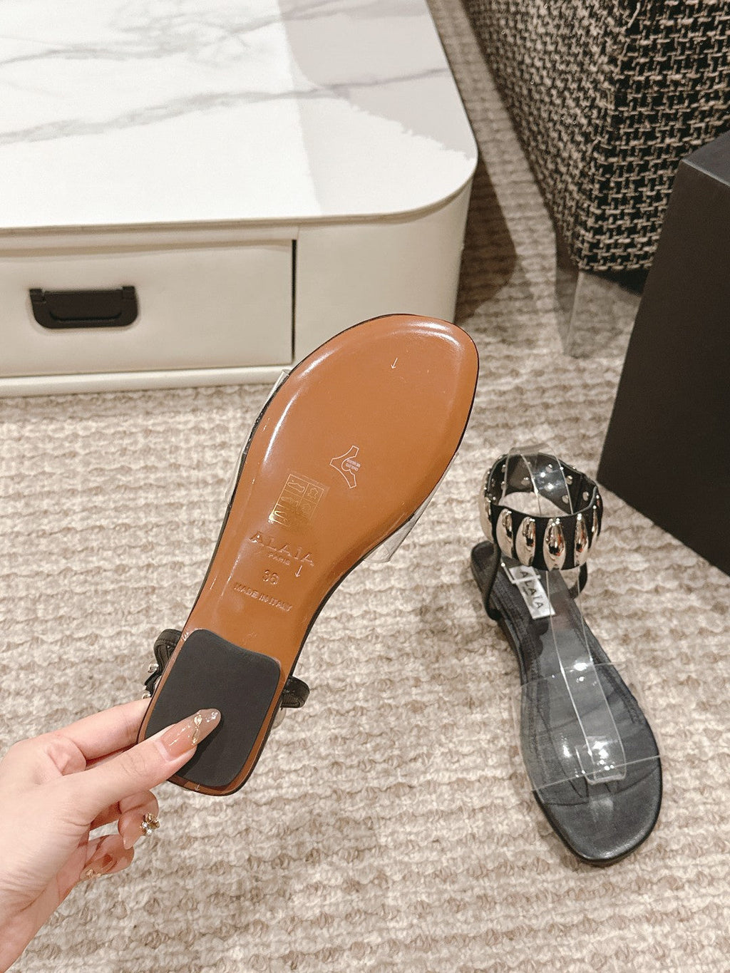 ALAIA SANDAL IN BLACK CALFSKN AND FILM WITH CRYSTAL