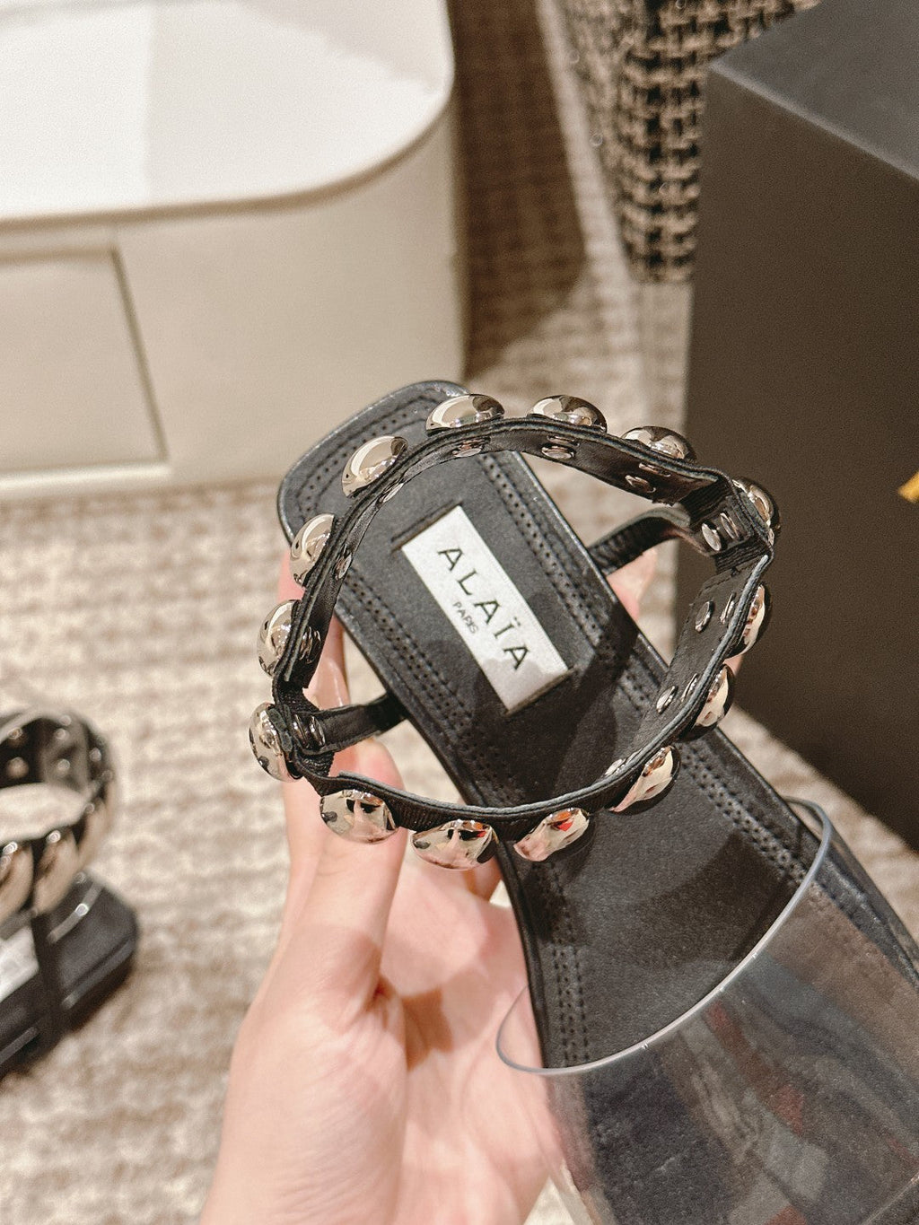 ALAIA SANDAL IN BLACK CALFSKN AND FILM WITH CRYSTAL