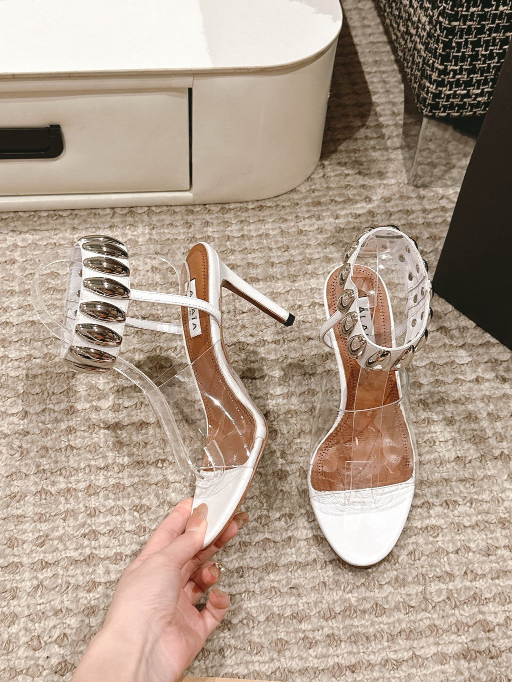 ALAIA HIGH SANDAL IN WHITE CALFSKN AND FILM WITH CRYSTAL