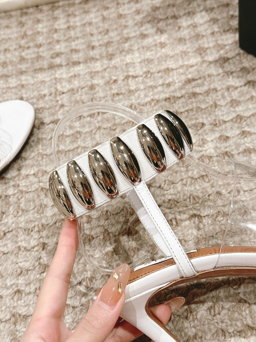 ALAIA HIGH SANDAL IN WHITE CALFSKN AND FILM WITH CRYSTAL