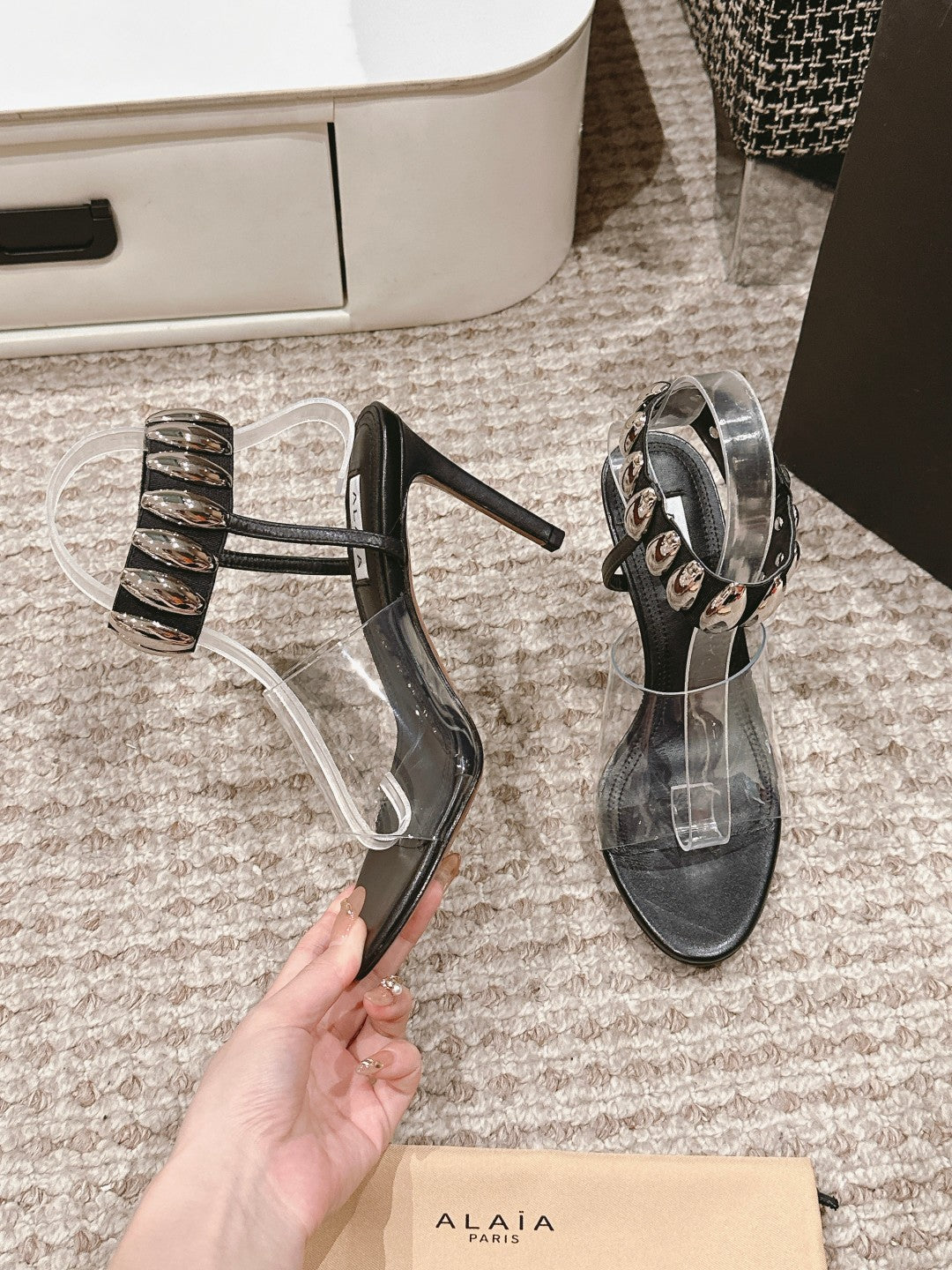 ALAIA HIGH SANDAL IN BLACK CALFSKN AND FILM WITH CRYSTAL