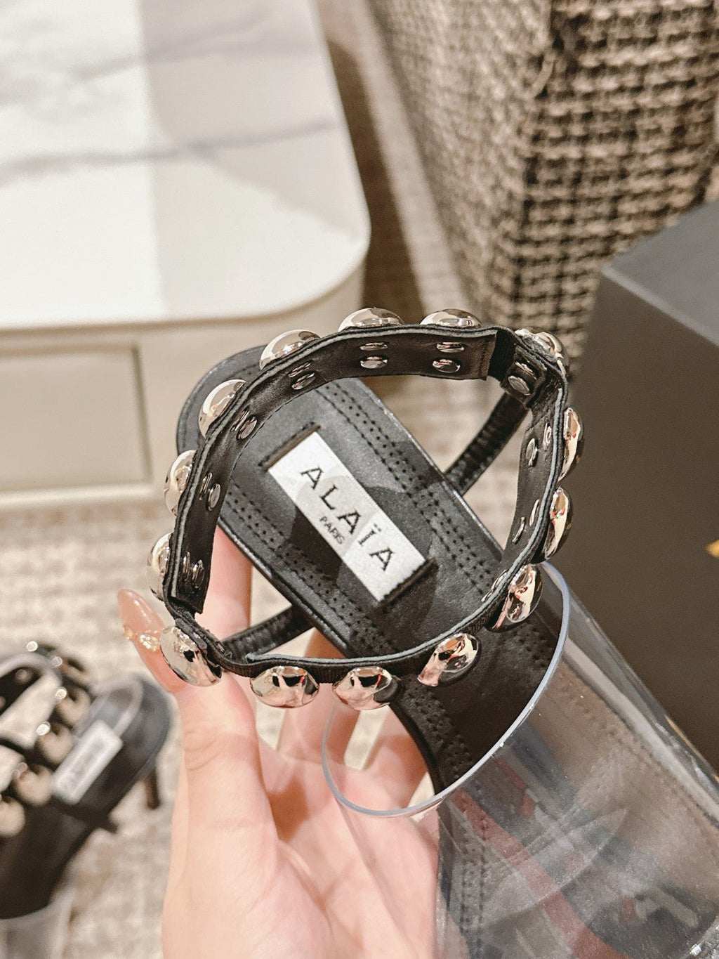 ALAIA HIGH SANDAL IN BLACK CALFSKN AND FILM WITH CRYSTAL