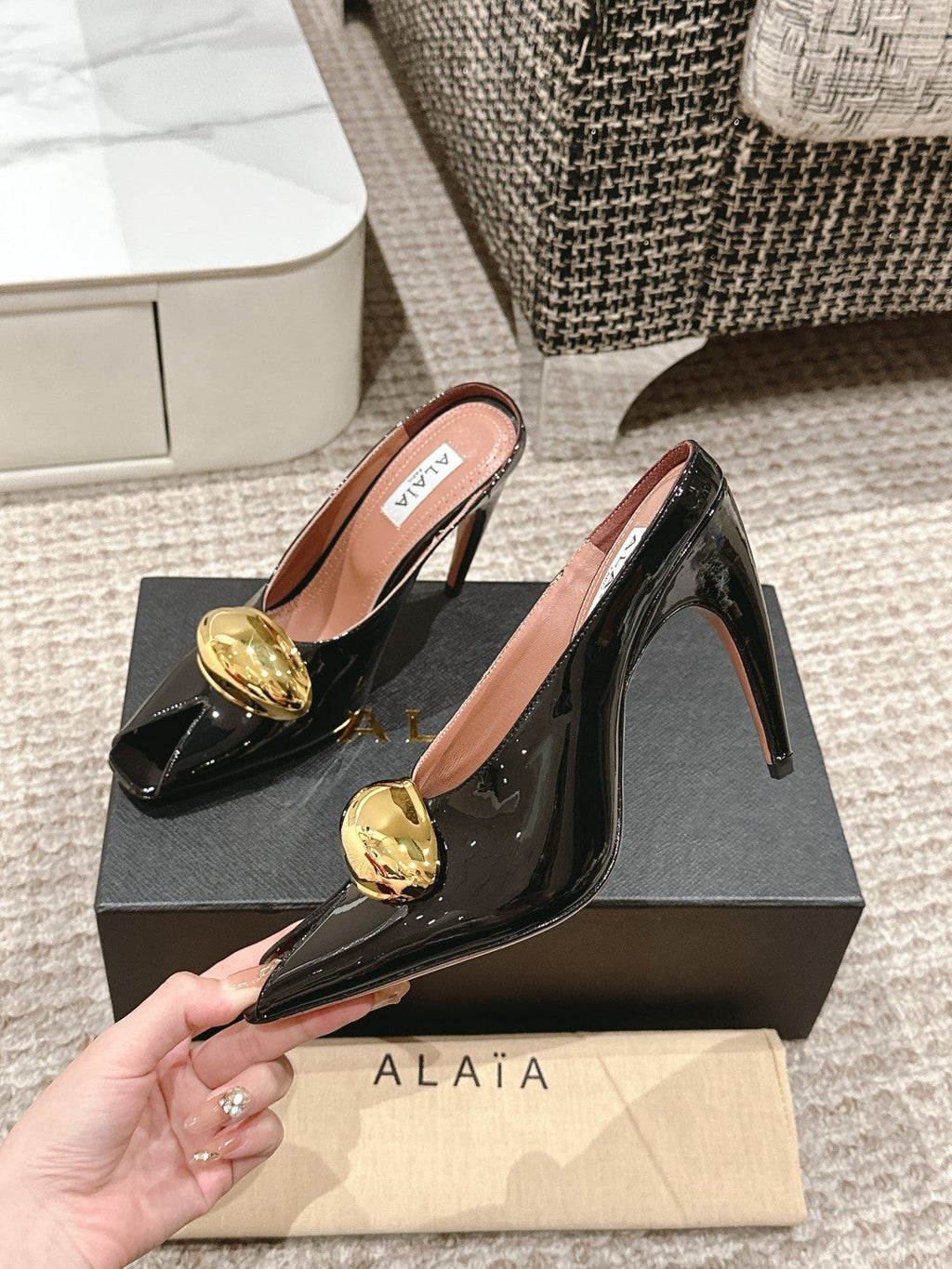 ALAIA SPIKE JEWEL MULES IN BLACK GLOSSY CALFSKIN WITH GOLD HARDWARE
