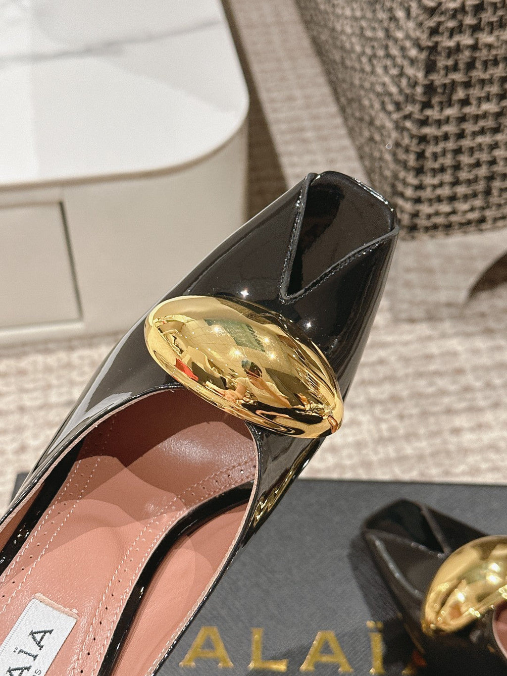 ALAIA SPIKE JEWEL MULES IN BLACK GLOSSY CALFSKIN WITH GOLD HARDWARE