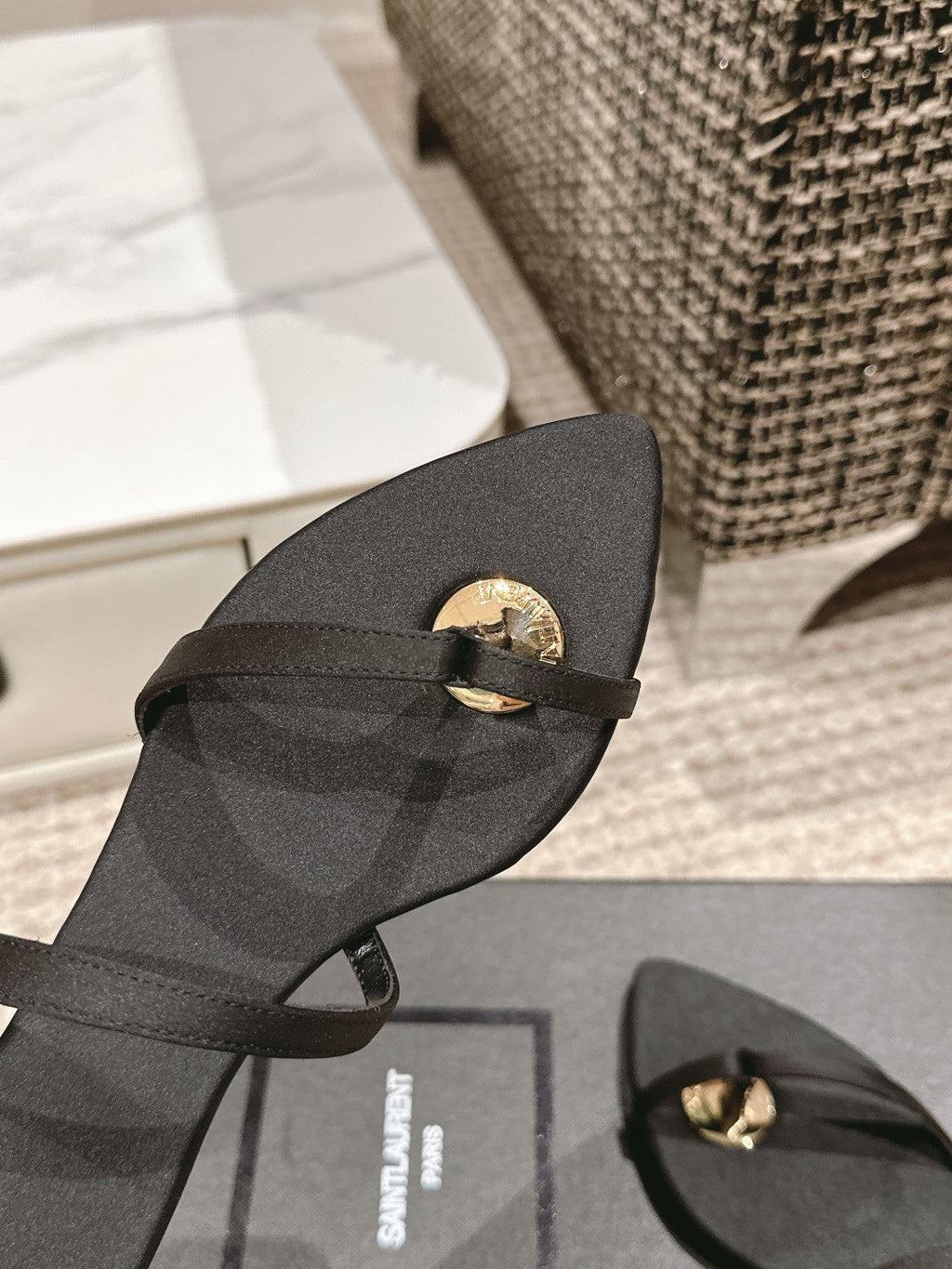 SL TANGER SLIDES BLACK SATIN