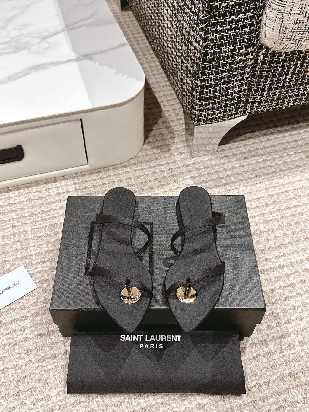 SL TANGER SLIDES BLACK SATIN