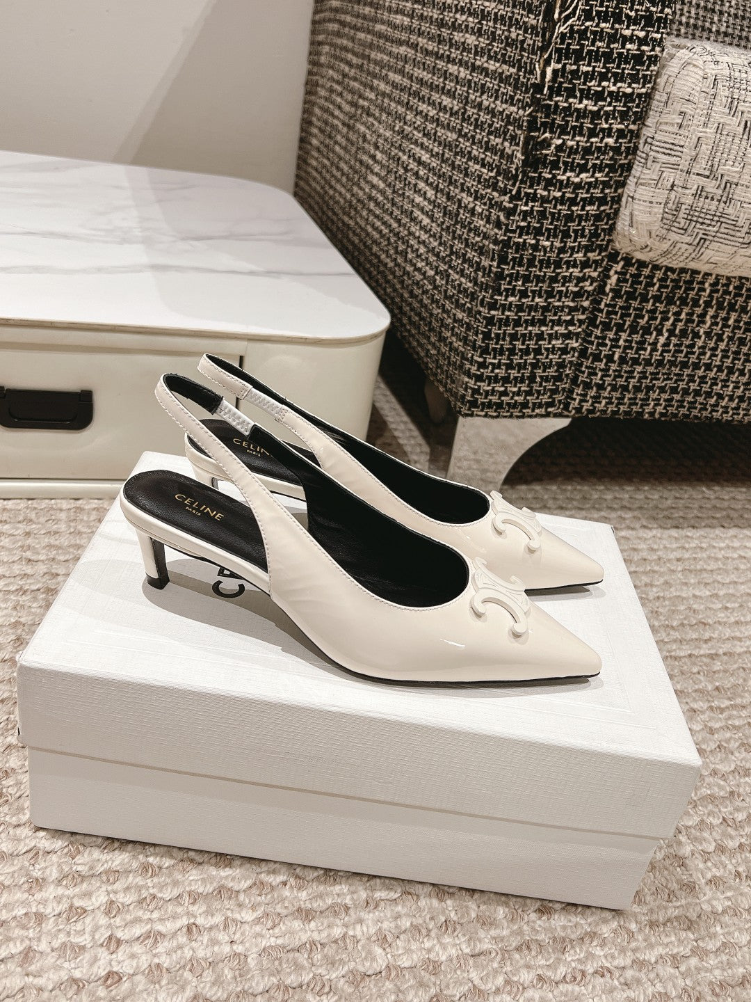 HIGH SLINGBACKS 5 CM IN WHITE PATENT CALFSKIN