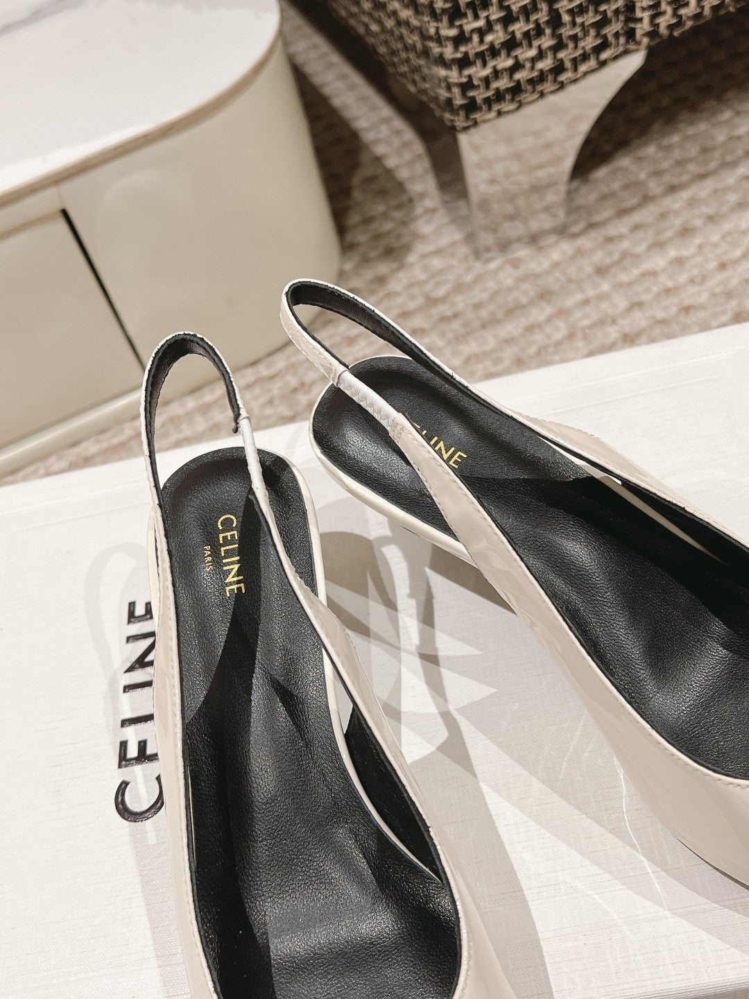 HIGH SLINGBACKS 5 CM IN WHITE PATENT CALFSKIN