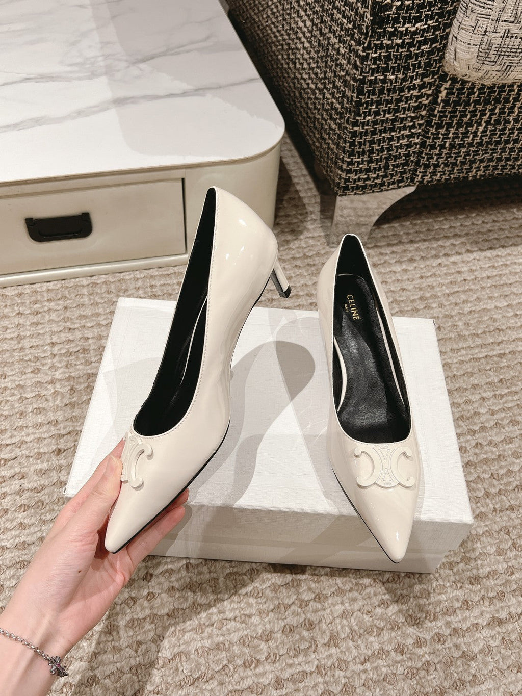 HIGH PUMP 5 CM IN WHITE PATENT CALFSKIN