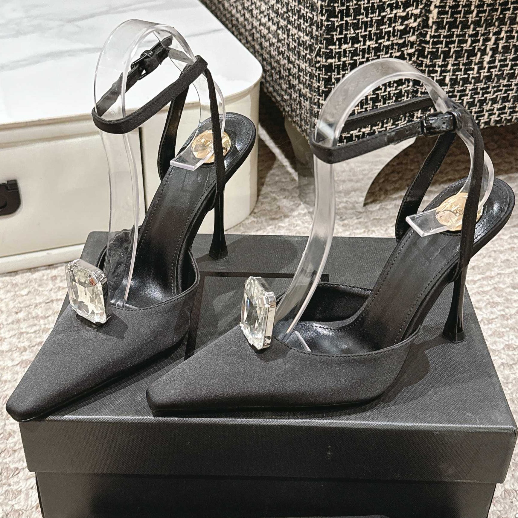 AIMÉE HIGH 75 MM SLINGBACK PUMPS IN BLACK SATIN WITH CRYSTAL
